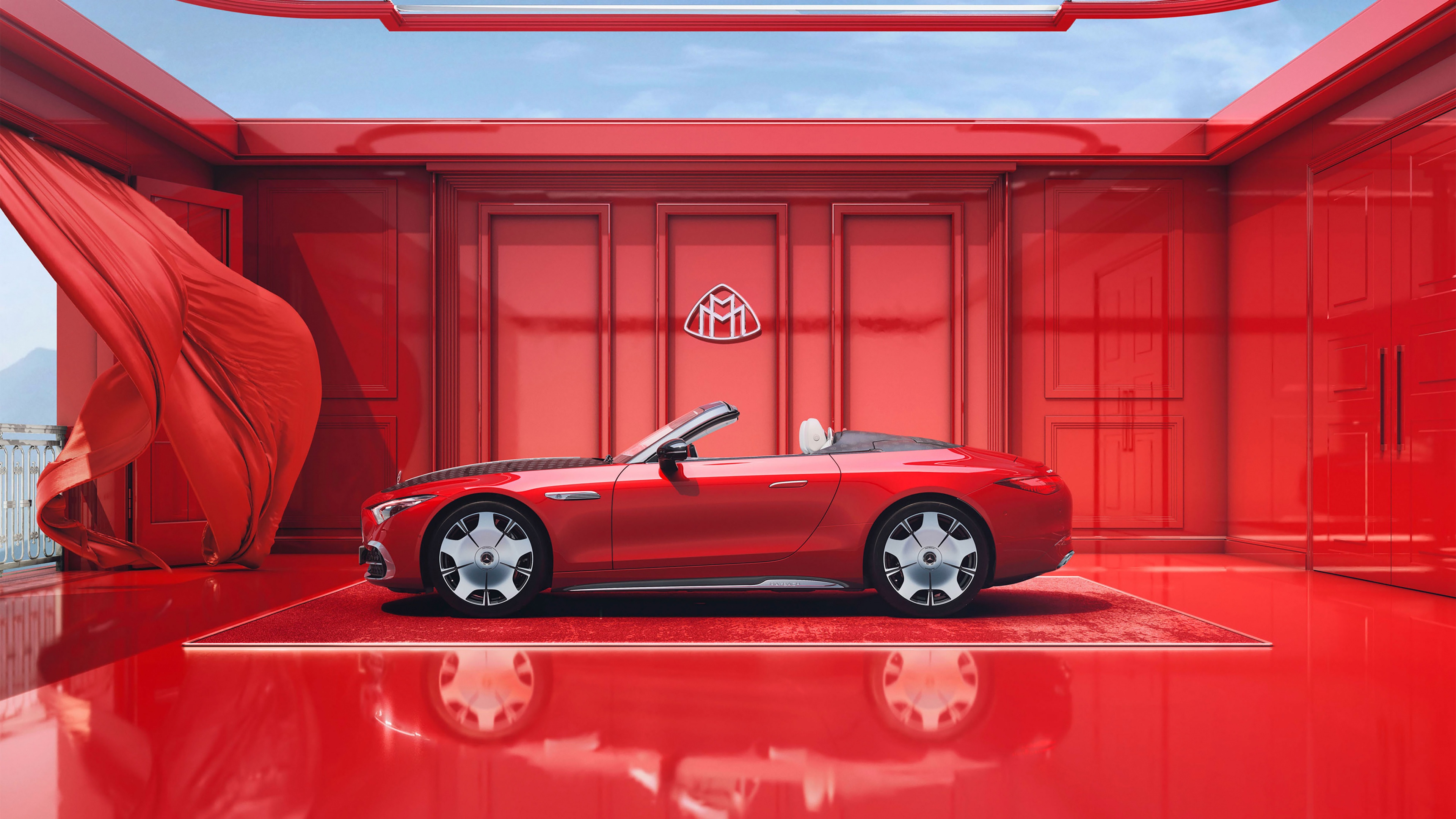 A luxurious 2024 Mercedes-Maybach SL 680 convertible featuring a deep red aesthetic and high-gloss finish.