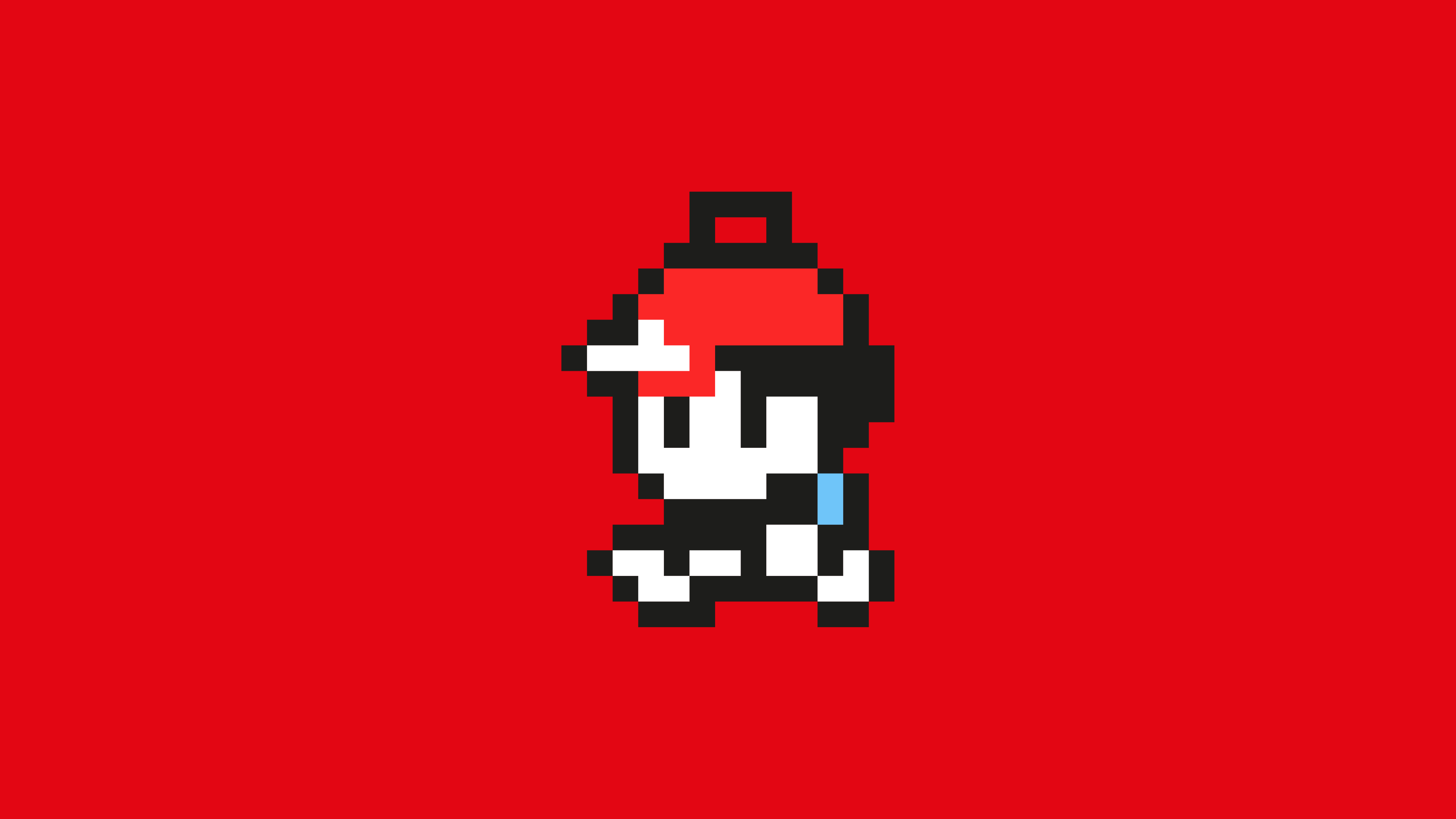 Pixel art of Ash Ketchum from Pokemon on a red background