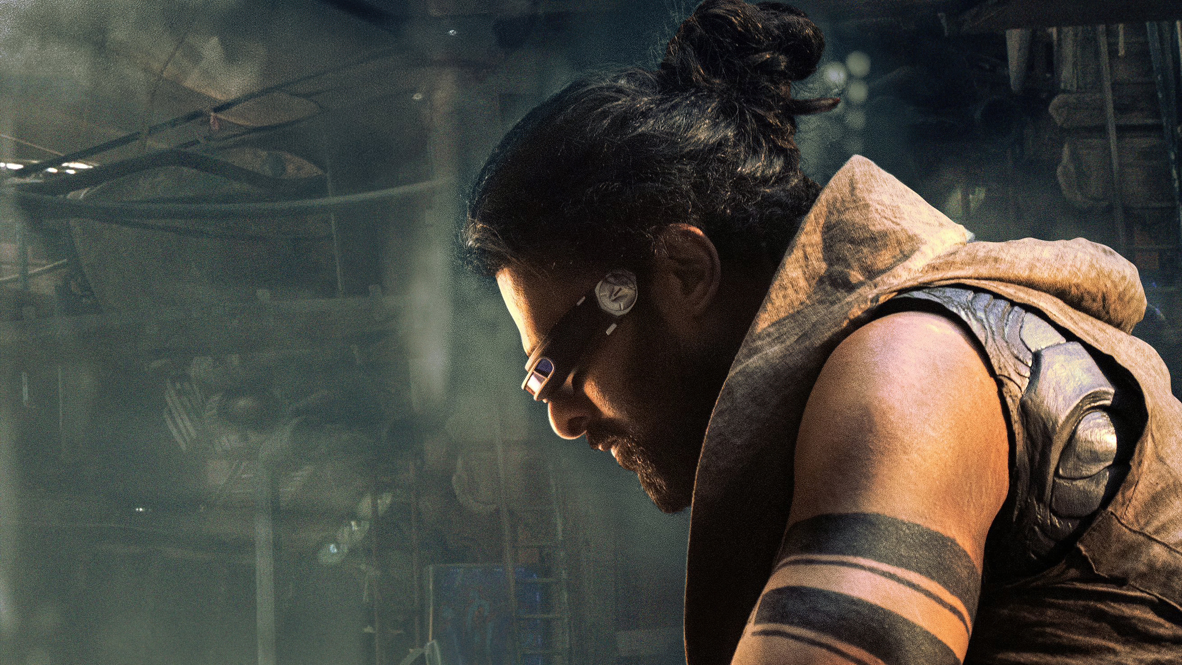 Cinematic portrait of Bhairava, played by Prabhas, from the movie Kalki 2898 AD in a sci-fi setting.