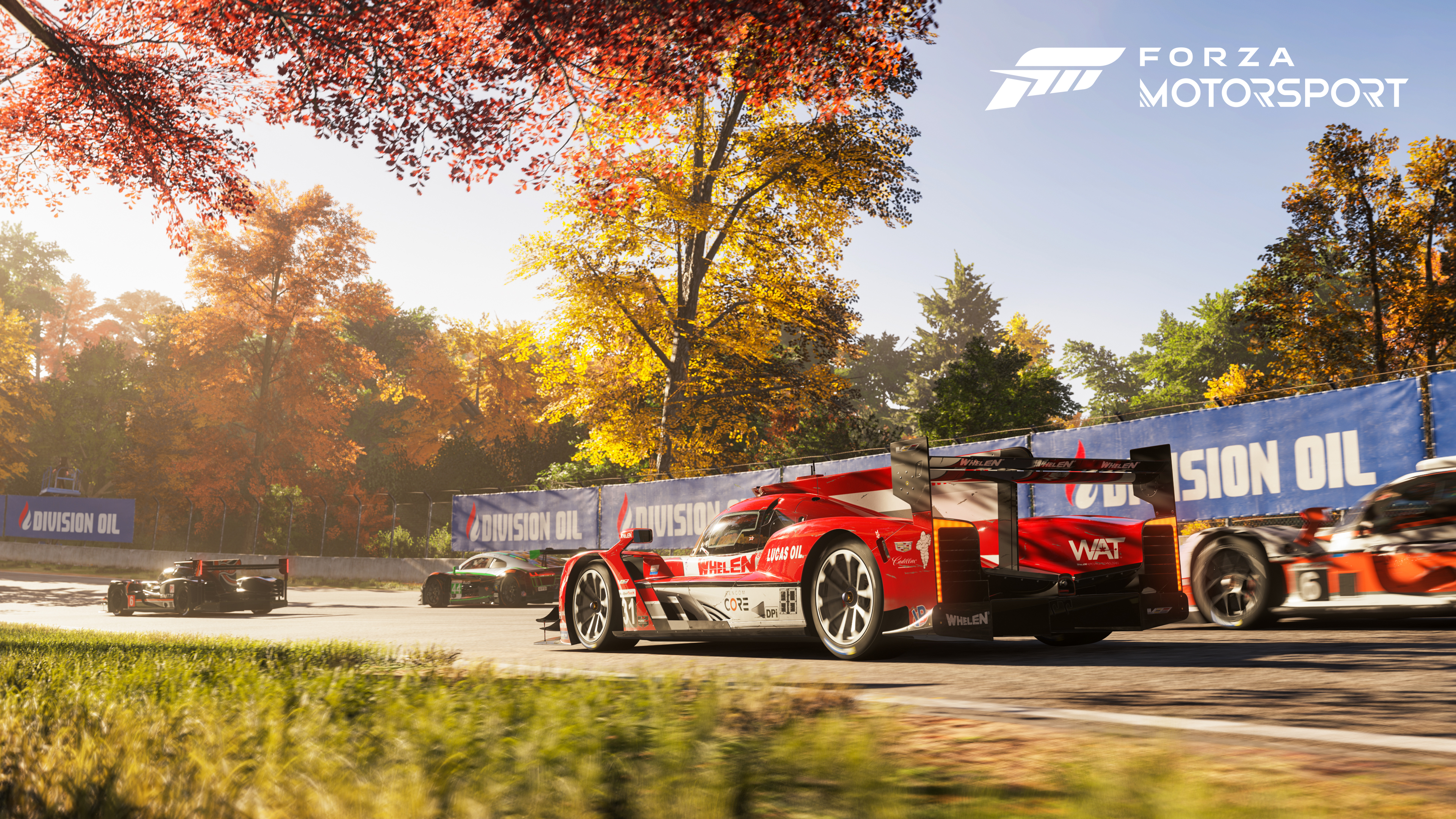 A detailed view of a Cadillac V-LMDh race car on a track from Forza Motorsport 2023.