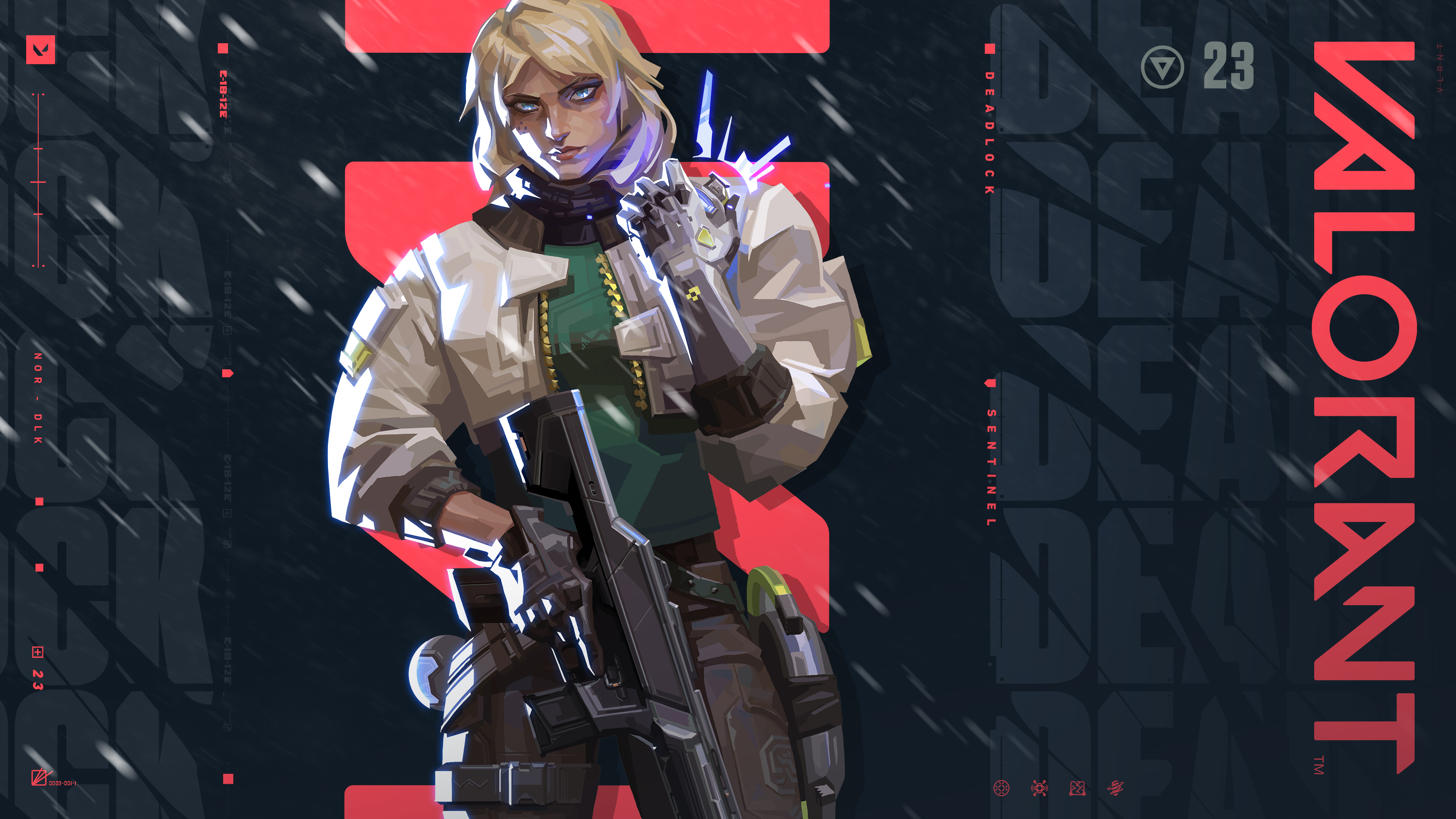 A detailed portrait of Deadlock, the Sentinel agent from the game Valorant, featuring her characteristic tactical armor and intense expression.