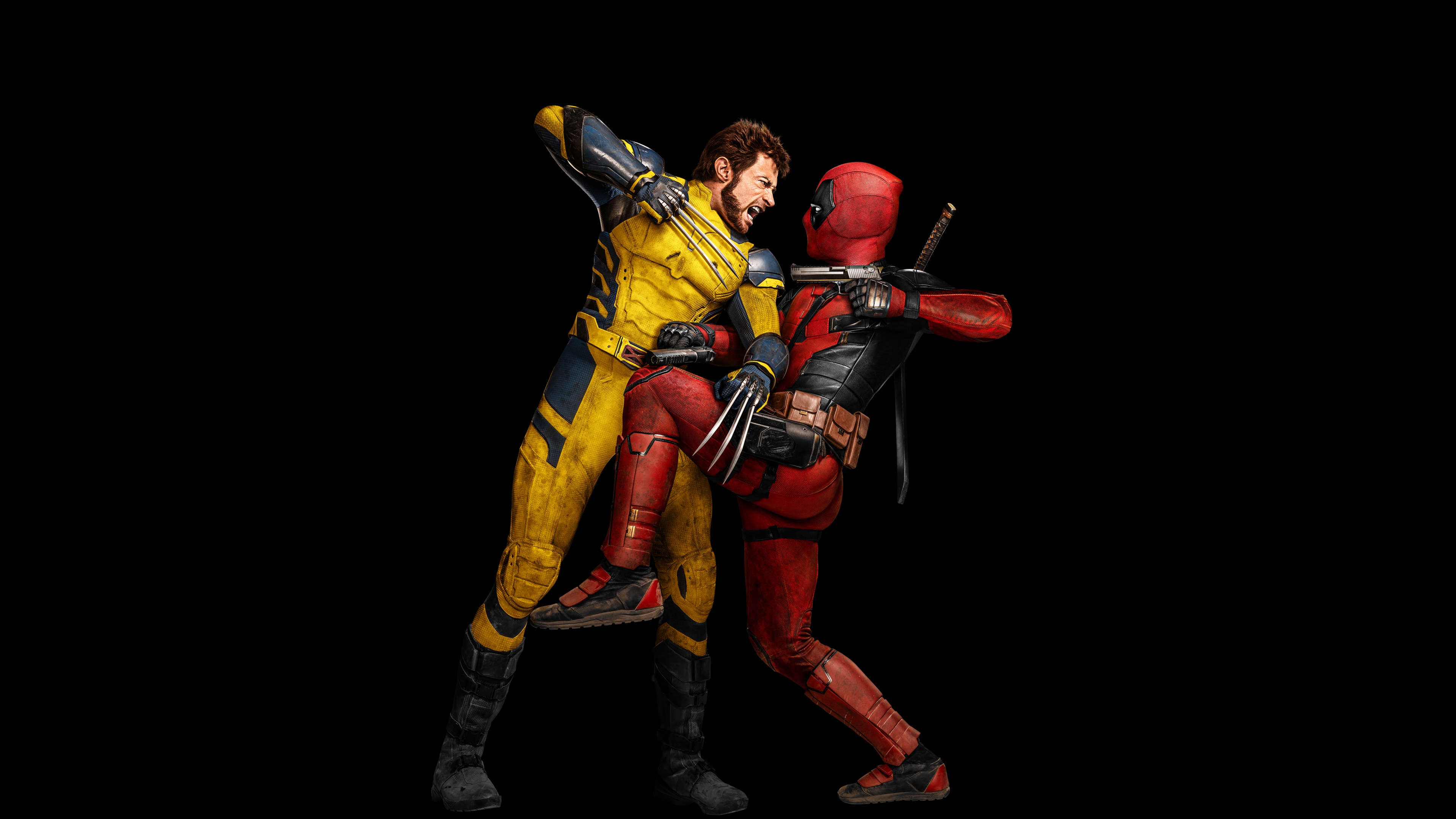 Cinematic movie poster of Marvel's Deadpool and Wolverine set against a solid black background.