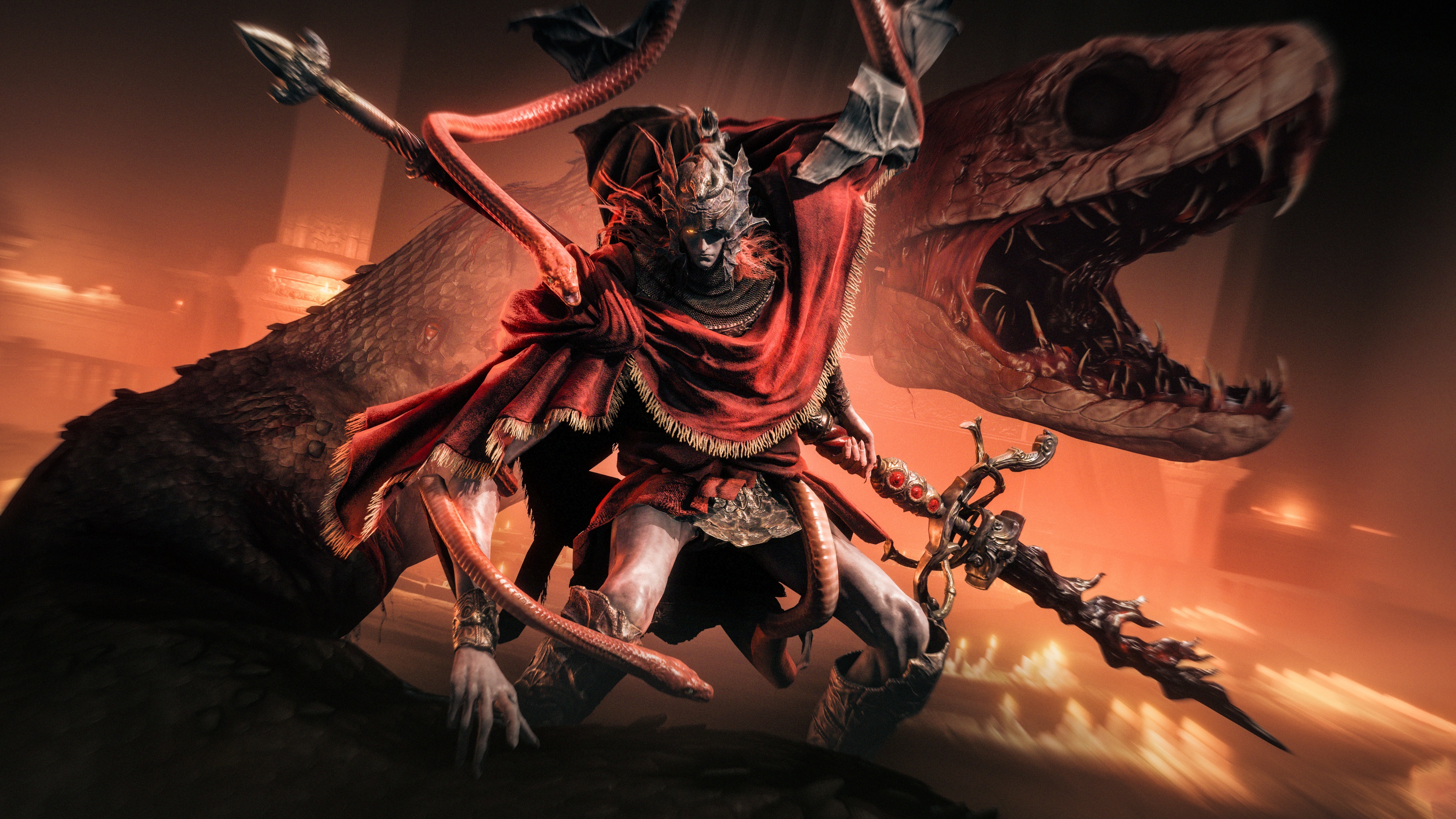 A massive, armored boss character from Elden Ring preparing for an epic battle in a dark fantasy setting.