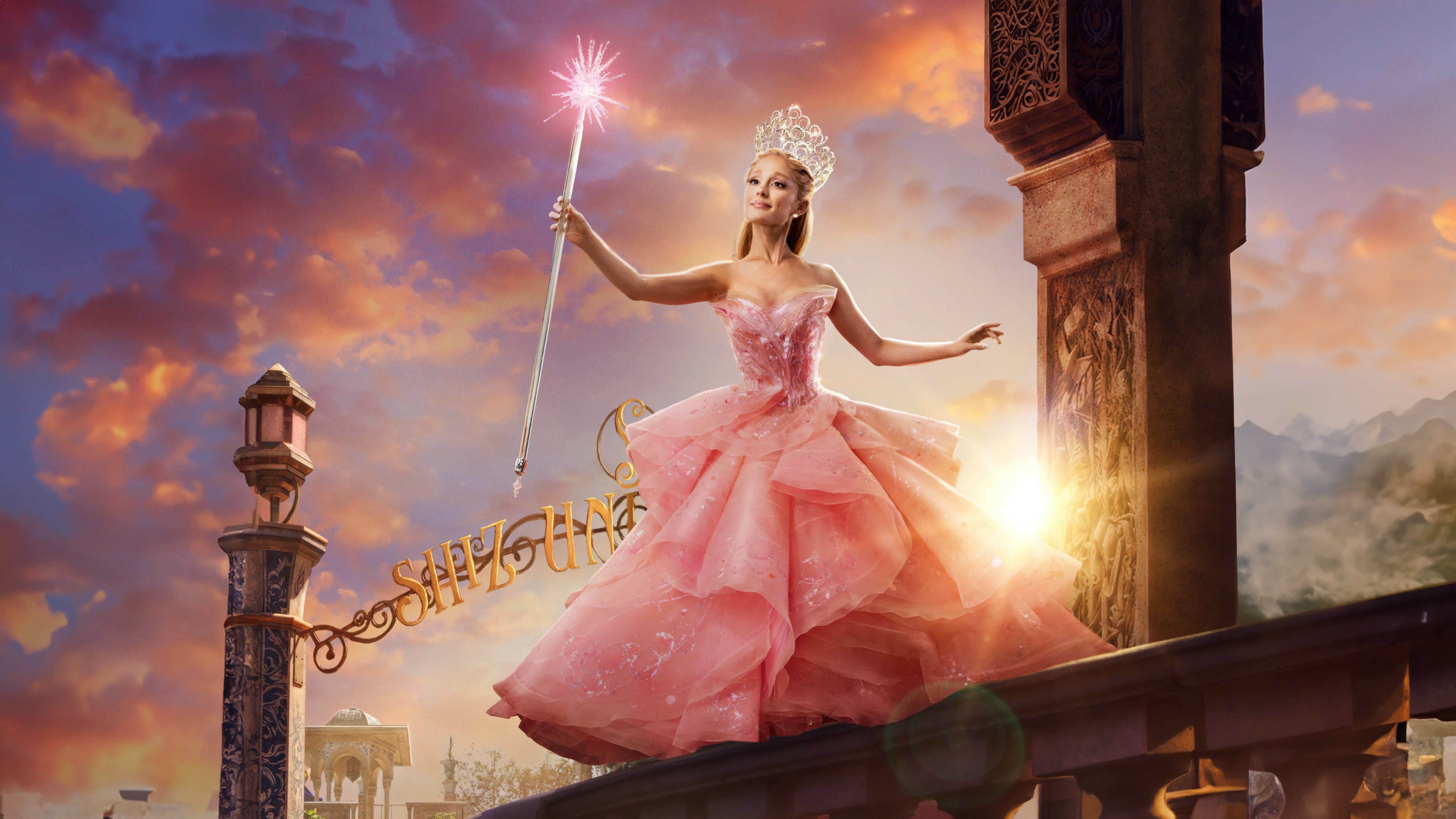 Cinematic portrait of Glinda, played by Ariana Grande, from the movie Wicked.