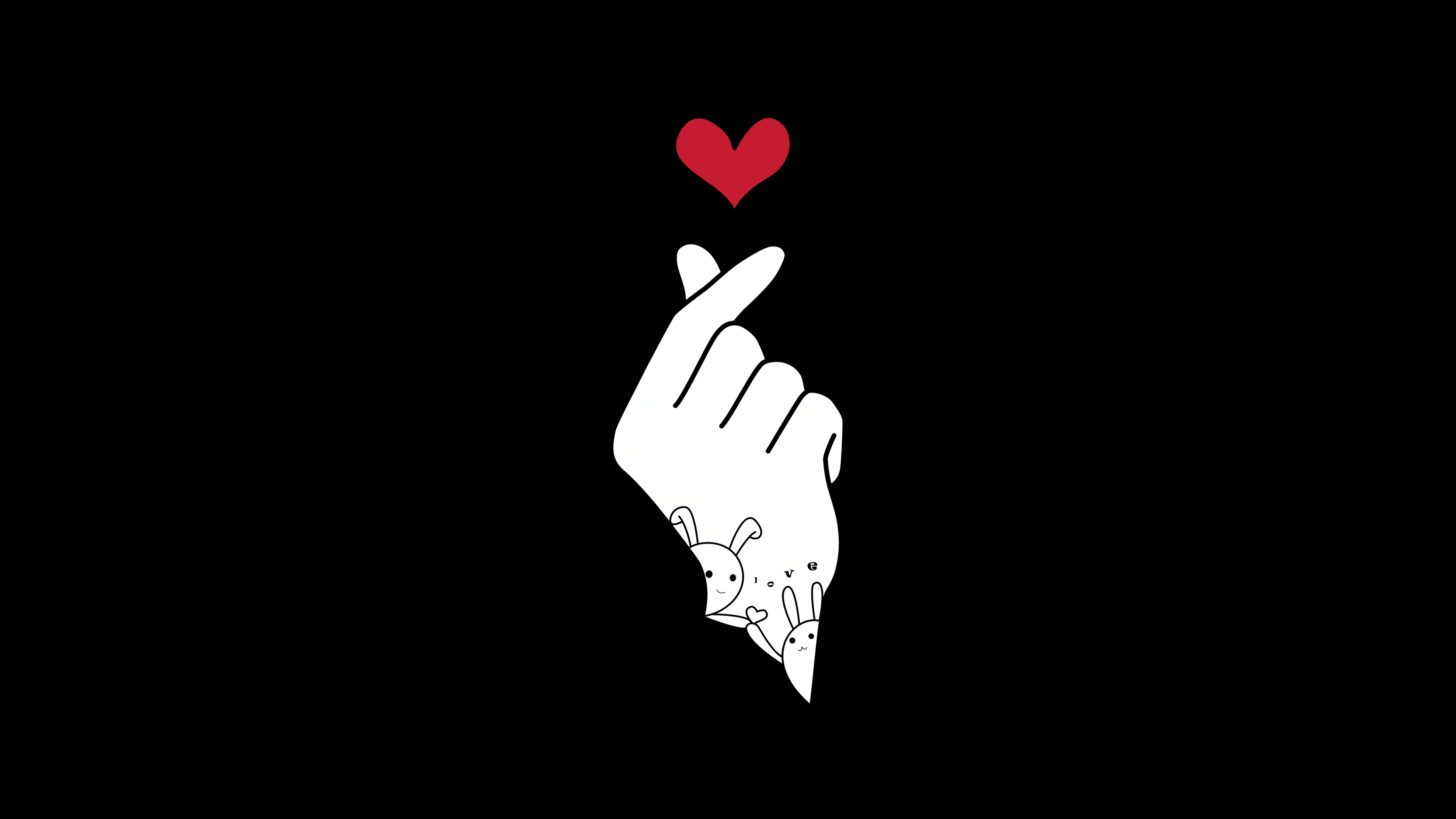A glowing red finger heart gesture set against a dark, black AMOLED background, symbolizing K-pop love.