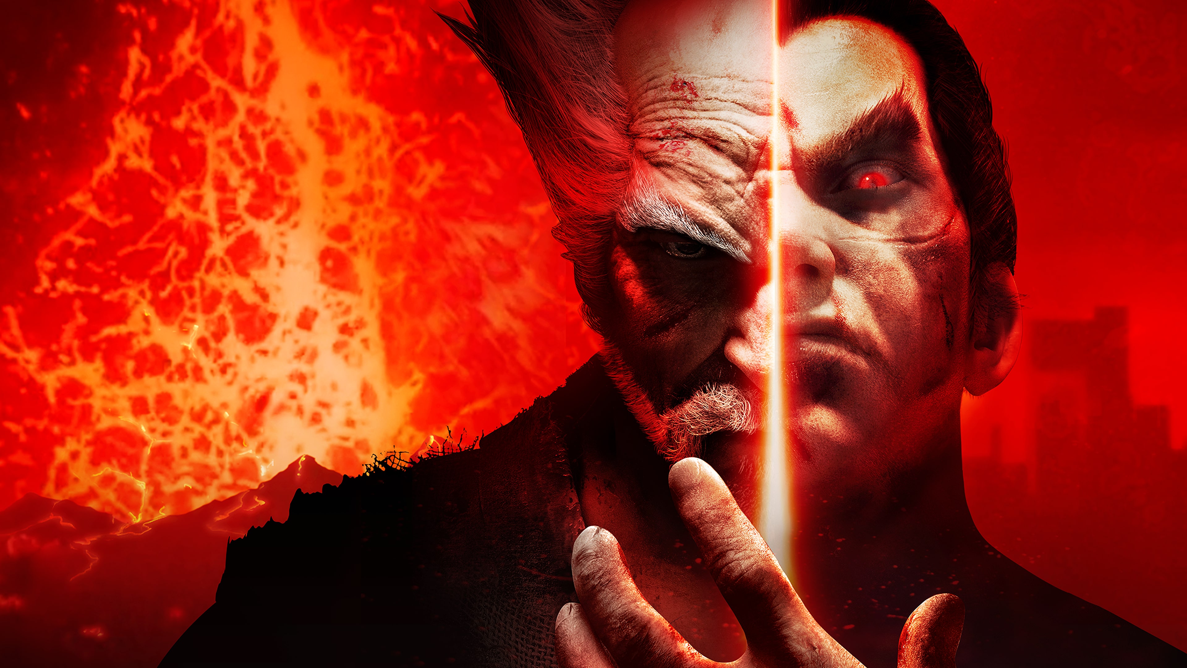 Heihachi Mishima and Kazuya Mishima from Tekken 7 surrounded by fire and a red background.