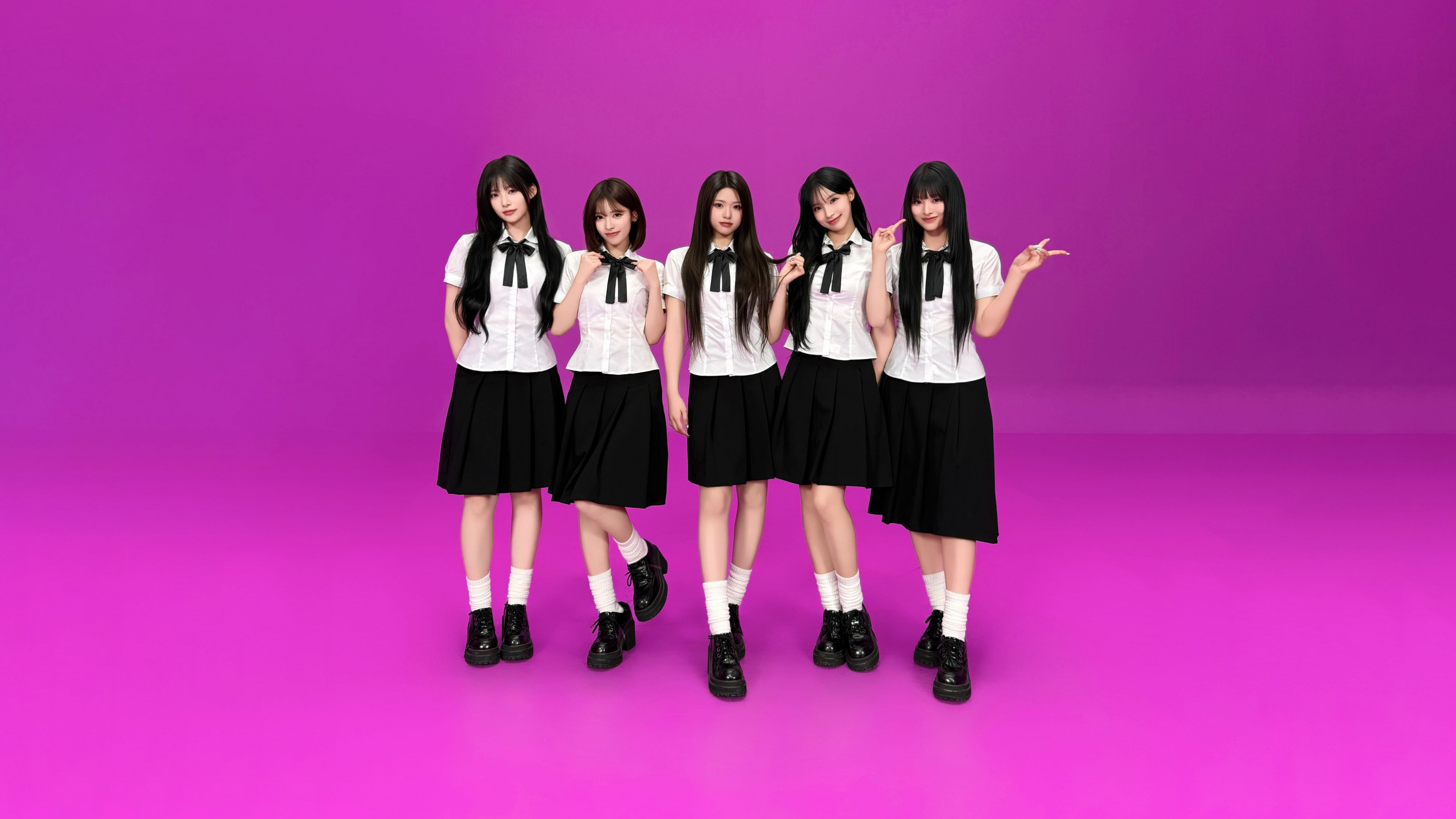A group of K-pop girl group members wearing matching coordinated uniforms against a solid, bright magenta background.