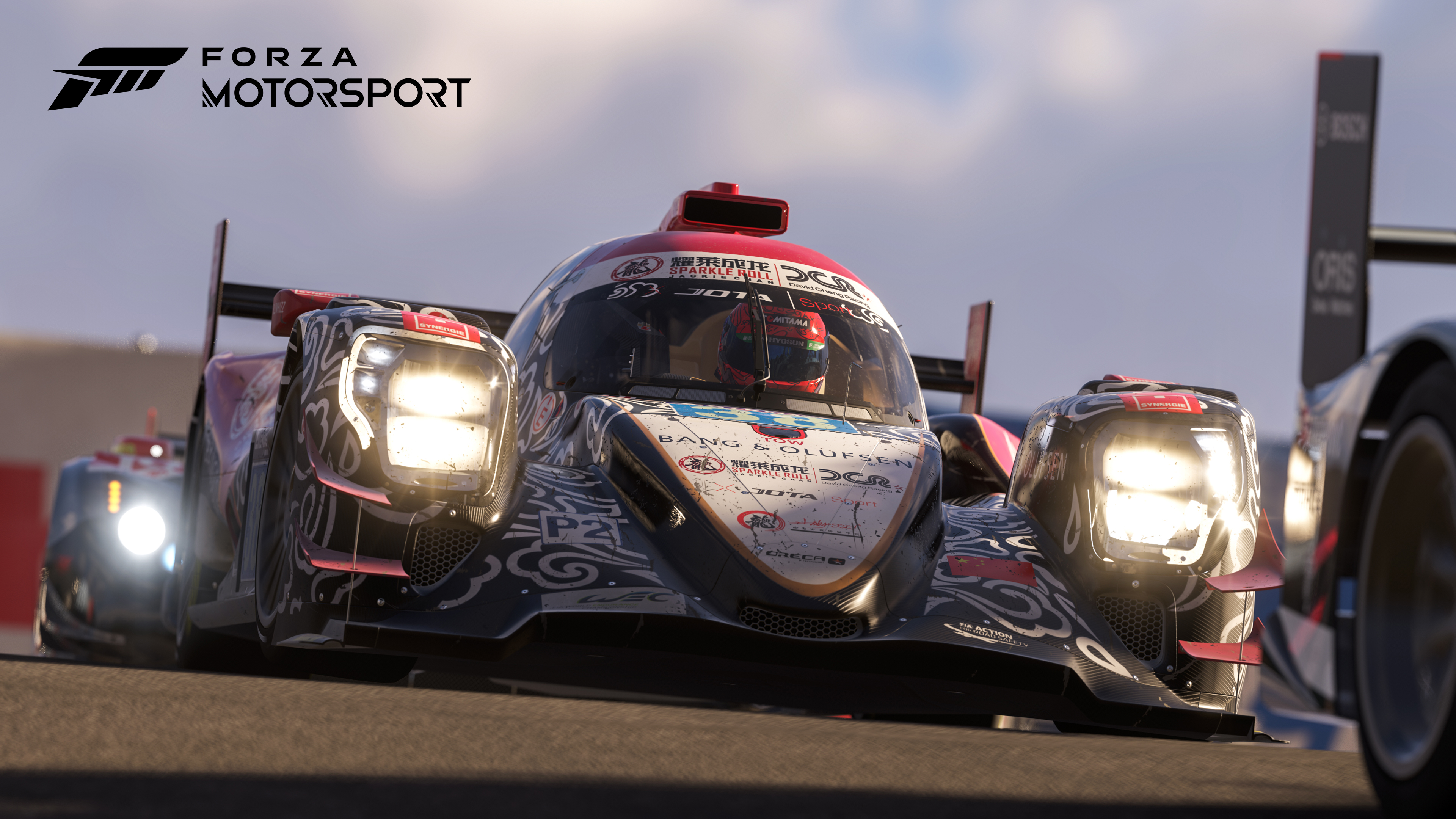 A powerful Le Mans Hypercar speeding through a corner on a professional racing circuit, showcasing aerodynamic details and motion blur.