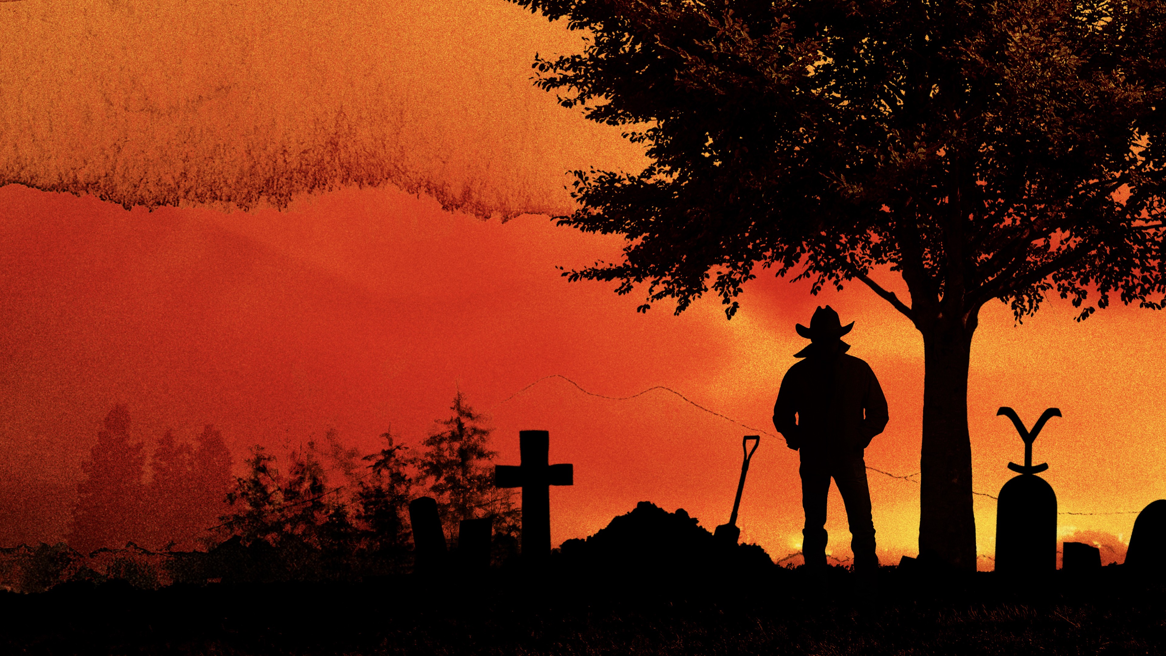 A dramatic silhouette of a cowboy standing in a vast landscape during a golden sunset, inspired by the Yellowstone western series.