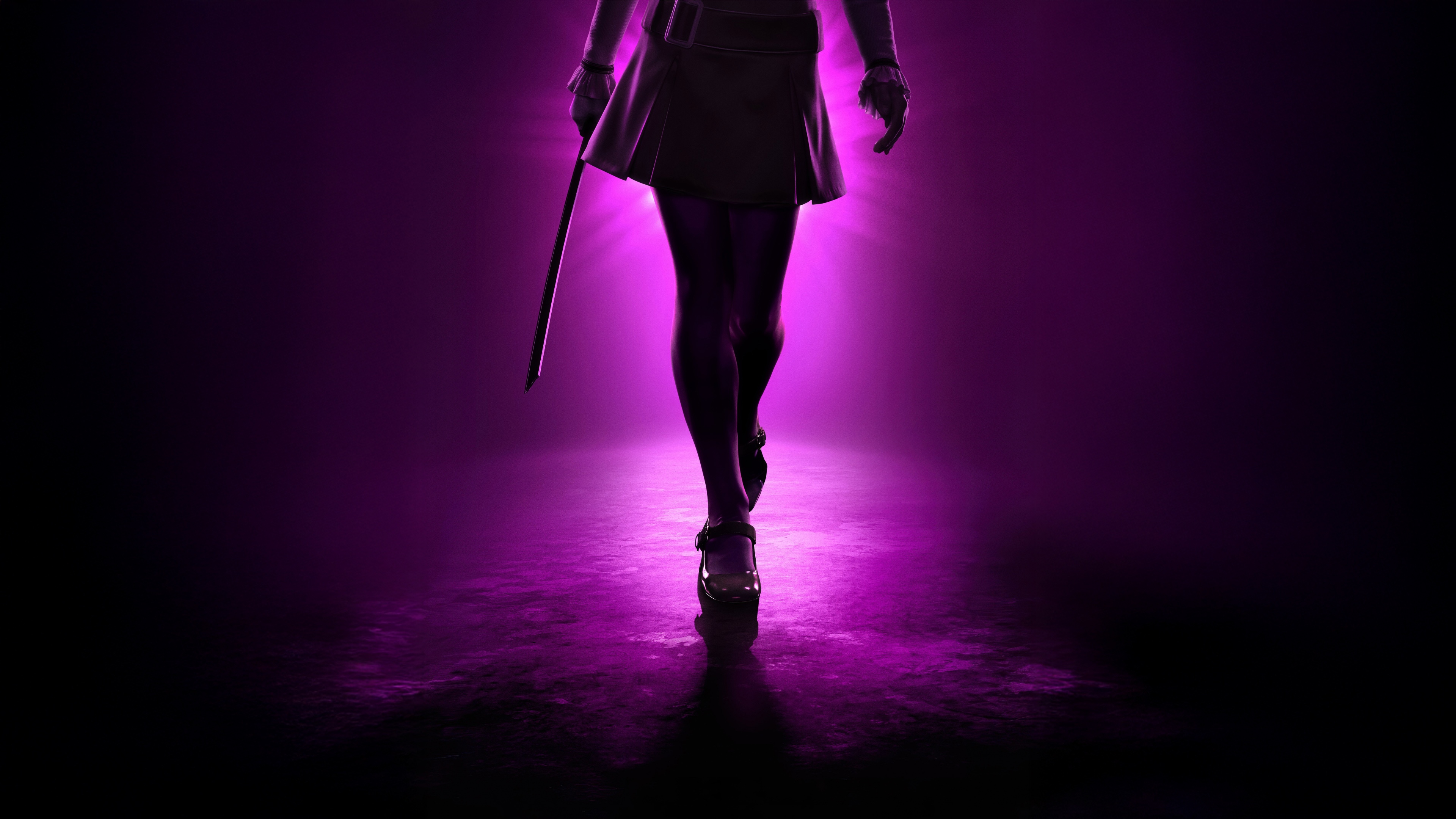 A detailed and lifelike view of the AI character M3GAN from the M3GAN movie, presented against a striking purple backdrop.