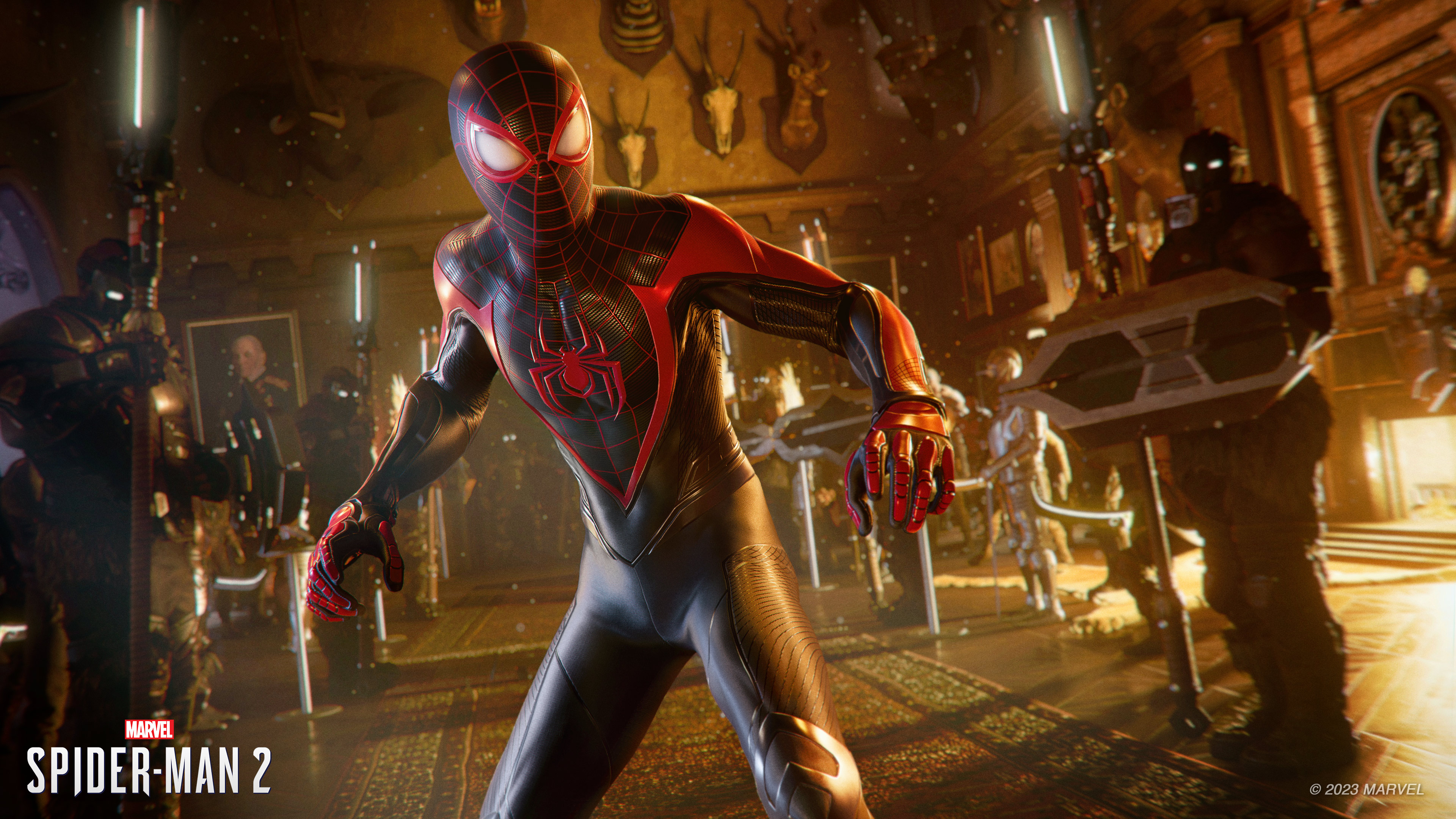 Miles Morales swinging through the cityscape during gameplay in Marvel's Spider-Man 2.