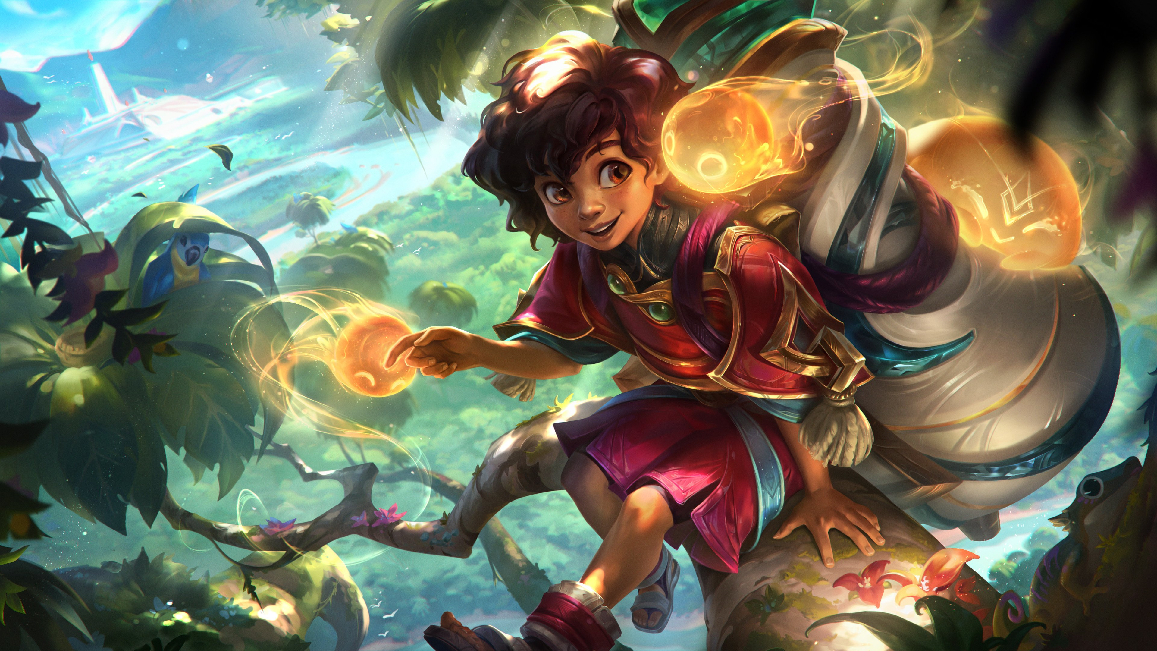 A detailed character portrait of Milio from League of Legends surrounded by glowing fire magic and bright orange embers.