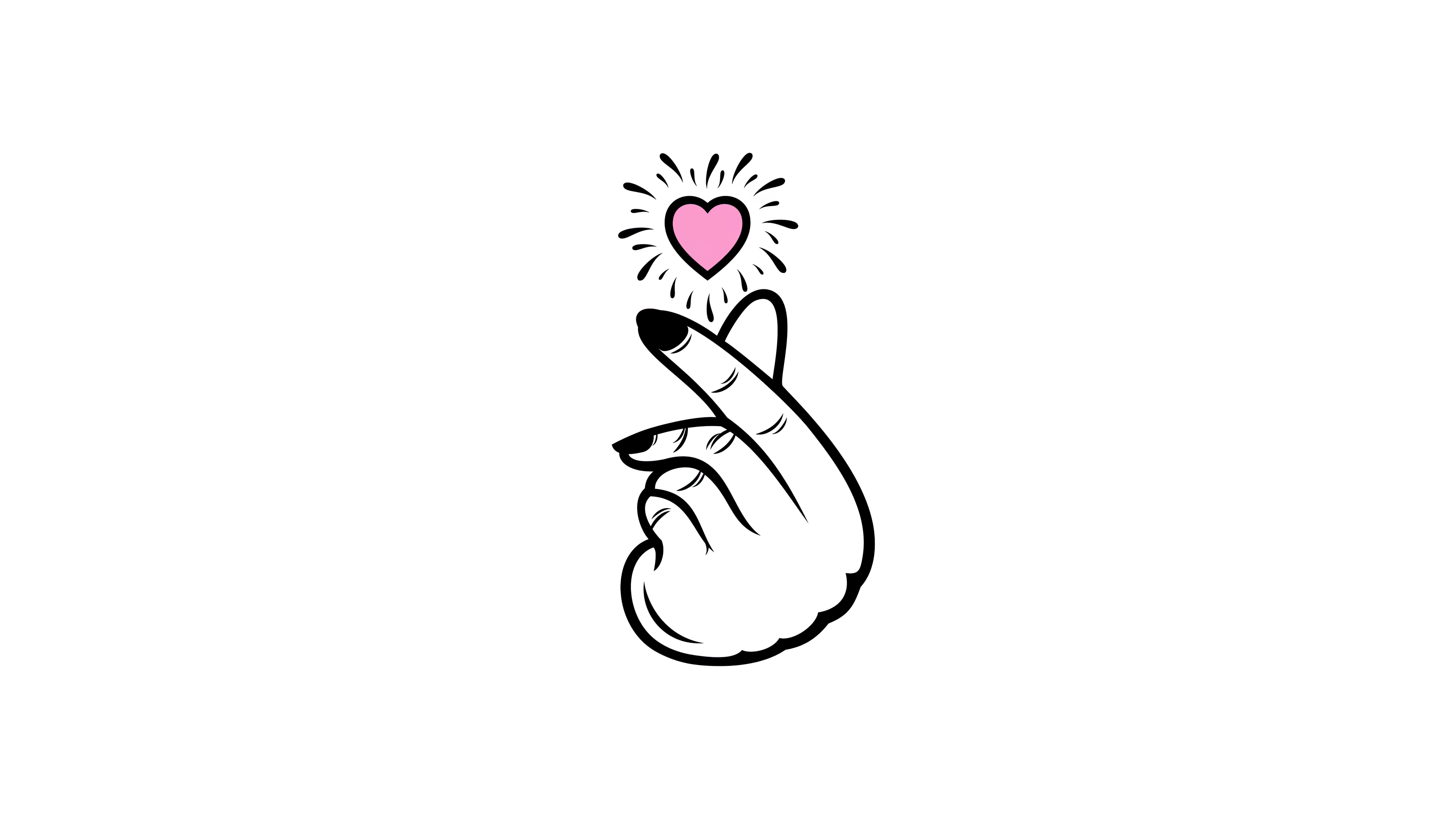 A minimalist illustration of a hand making a finger heart gesture with a small pink heart on a white background.