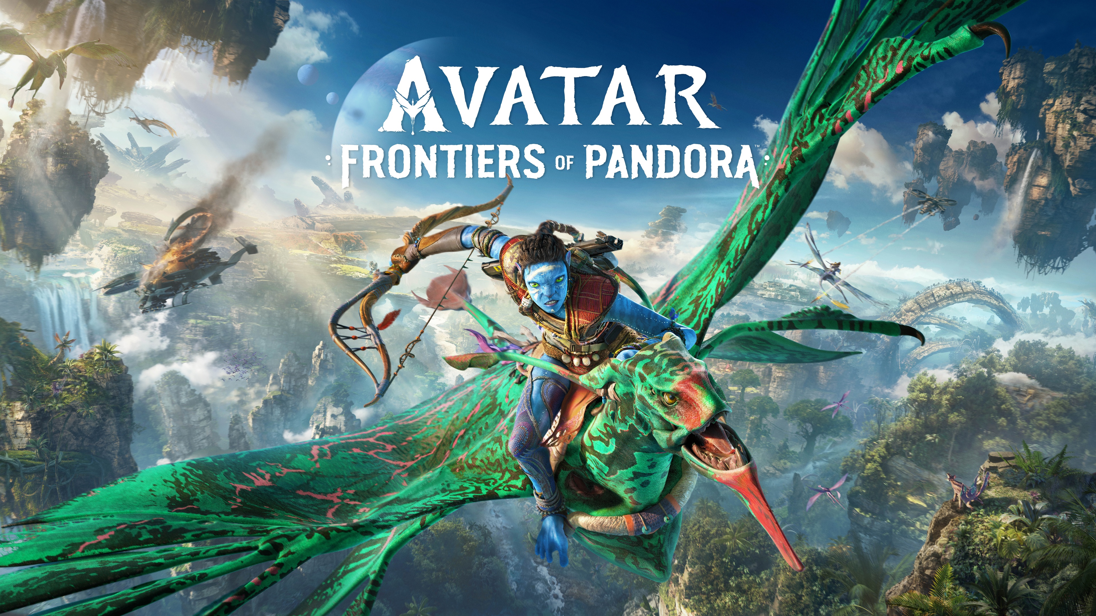 A detailed view of a Na'vi character surrounded by bioluminescent plants in the world of Avatar: Frontiers of Pandora.