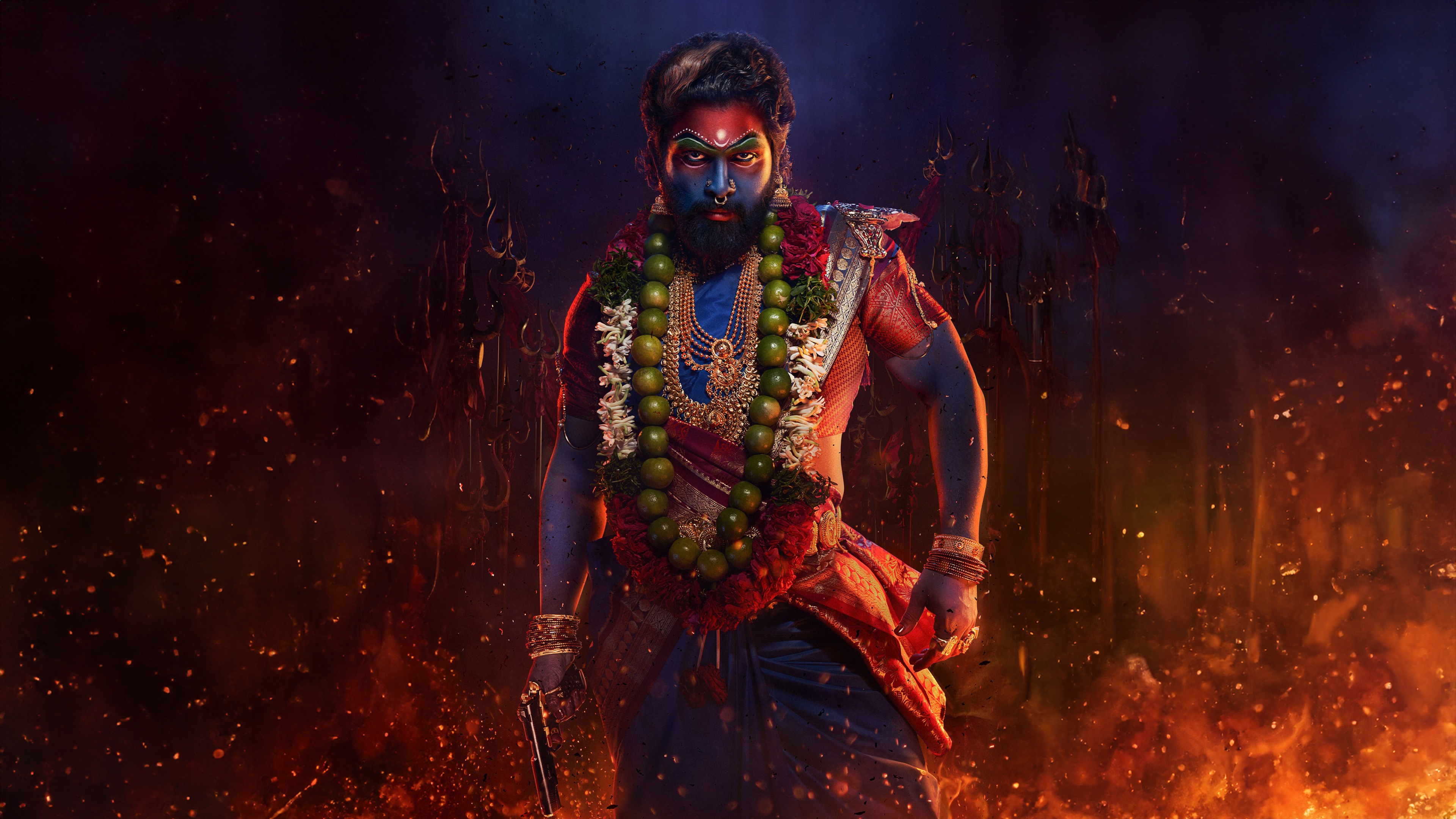 Intense portrait of character Pushpa Raj from the movie Pushpa 2: The Rule, played by Allu Arjun.