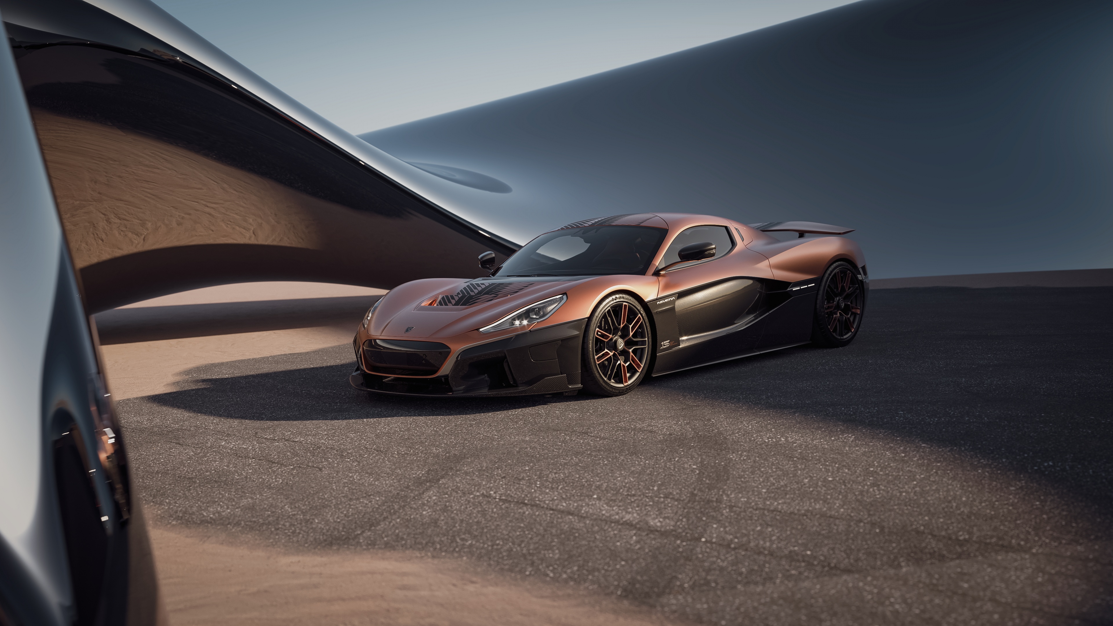 A high-performance 2024 Rimac Nevera Anniversary Edition electric sports car featuring a streamlined aerodynamic design and futuristic aesthetic.