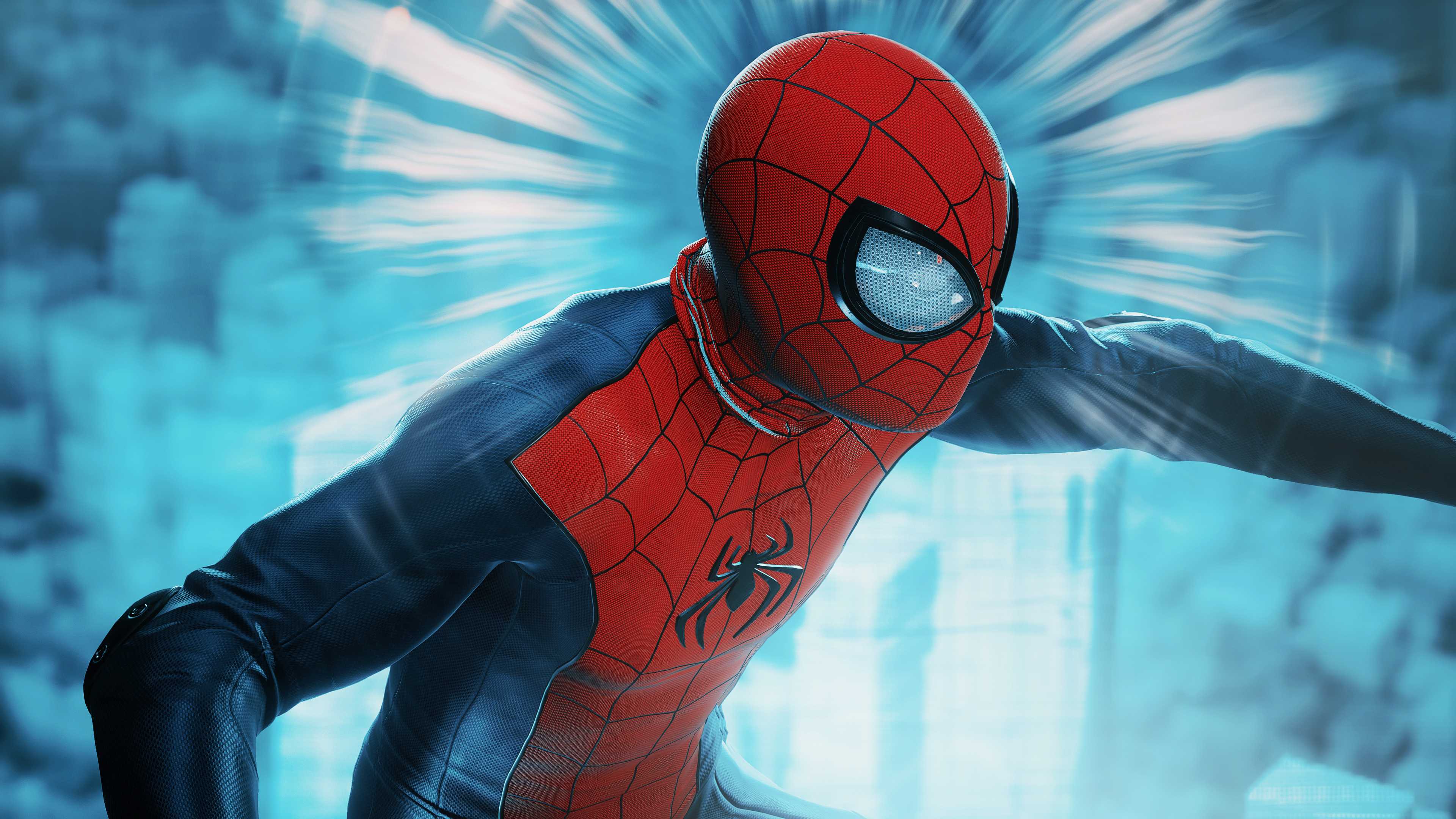 Spider-Man swinging through the city streets during gameplay of Marvel's Spider-Man Remastered.