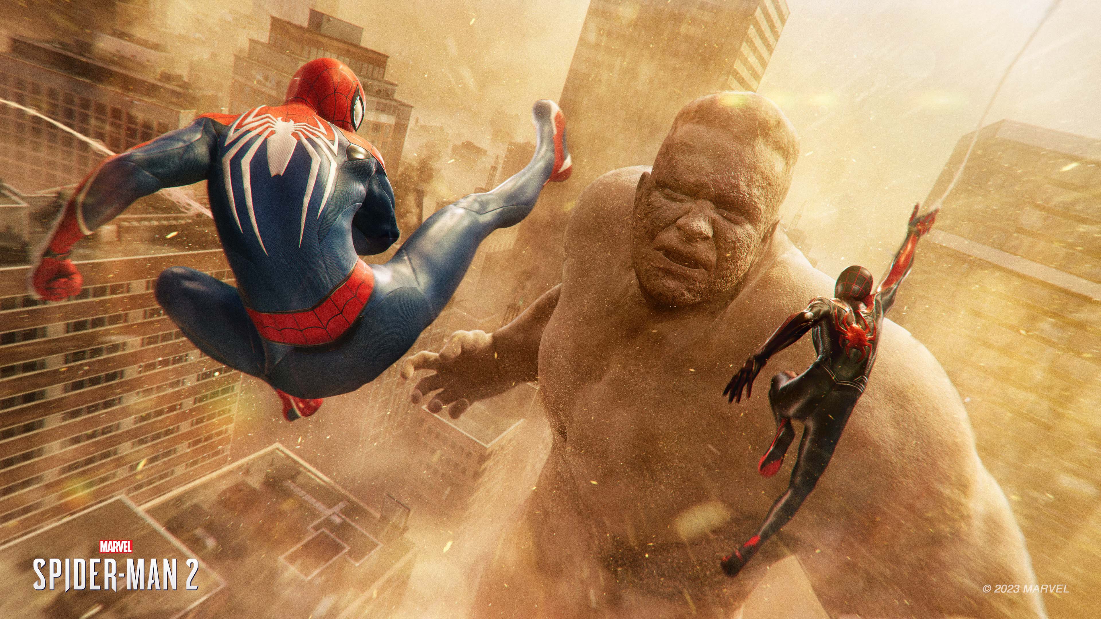 Spider-Man in the middle of an epic boss fight from the game Marvel's Spider-Man 2.