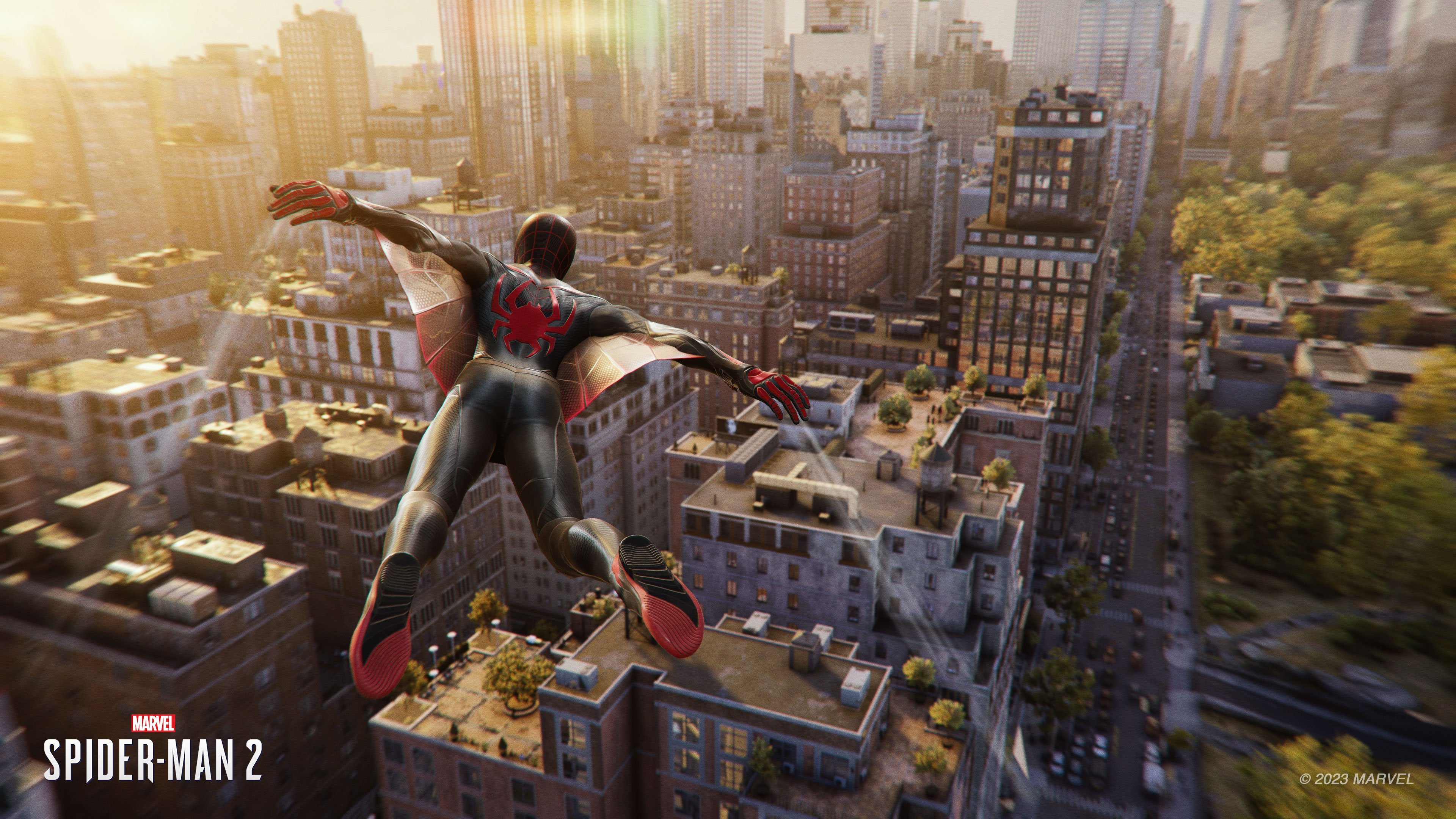 Spider-Man swinging through the vibrant streets of New York City in Marvel's Spider-Man 2 gameplay.