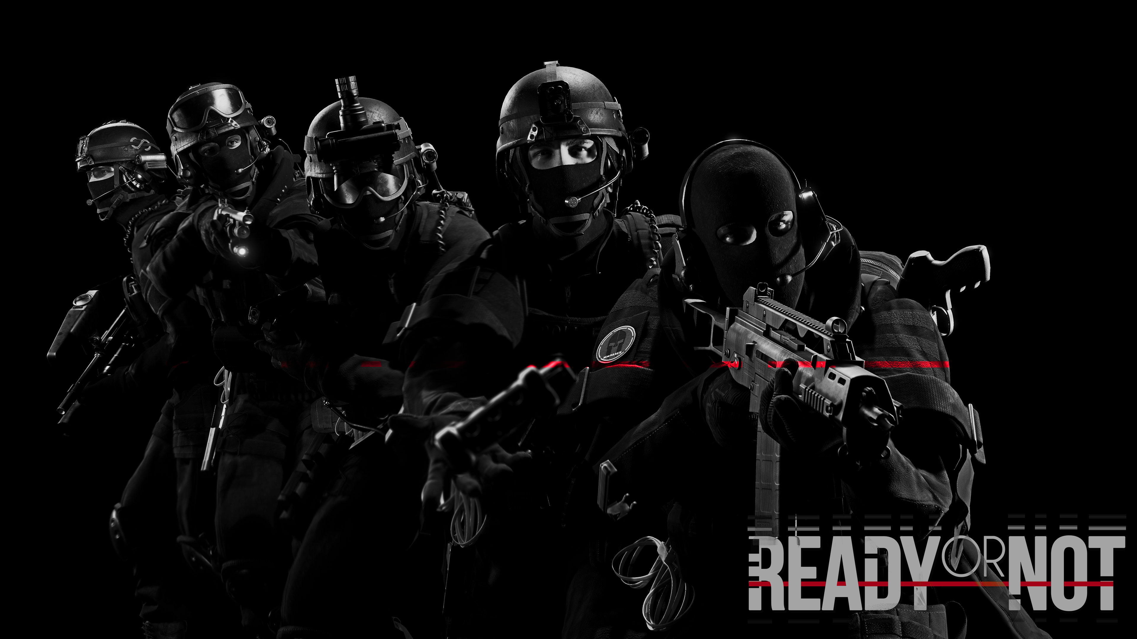 A detailed illustration of a SWAT officer in tactical gear against a black background, inspired by Ready or Not.