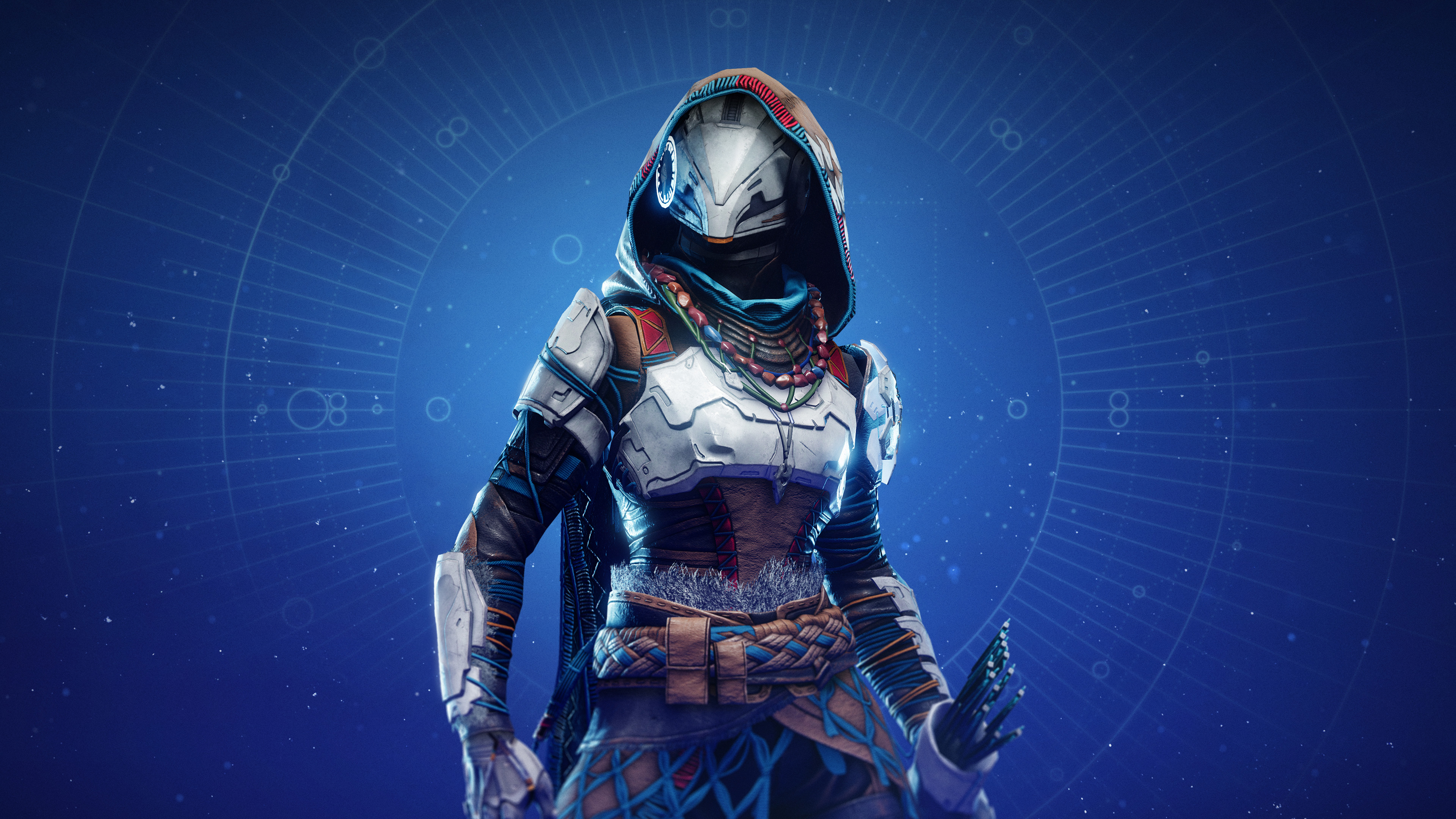 A close-up of a character wearing detailed sci-fi armor with glowing lights, overlooking a vast horizon.