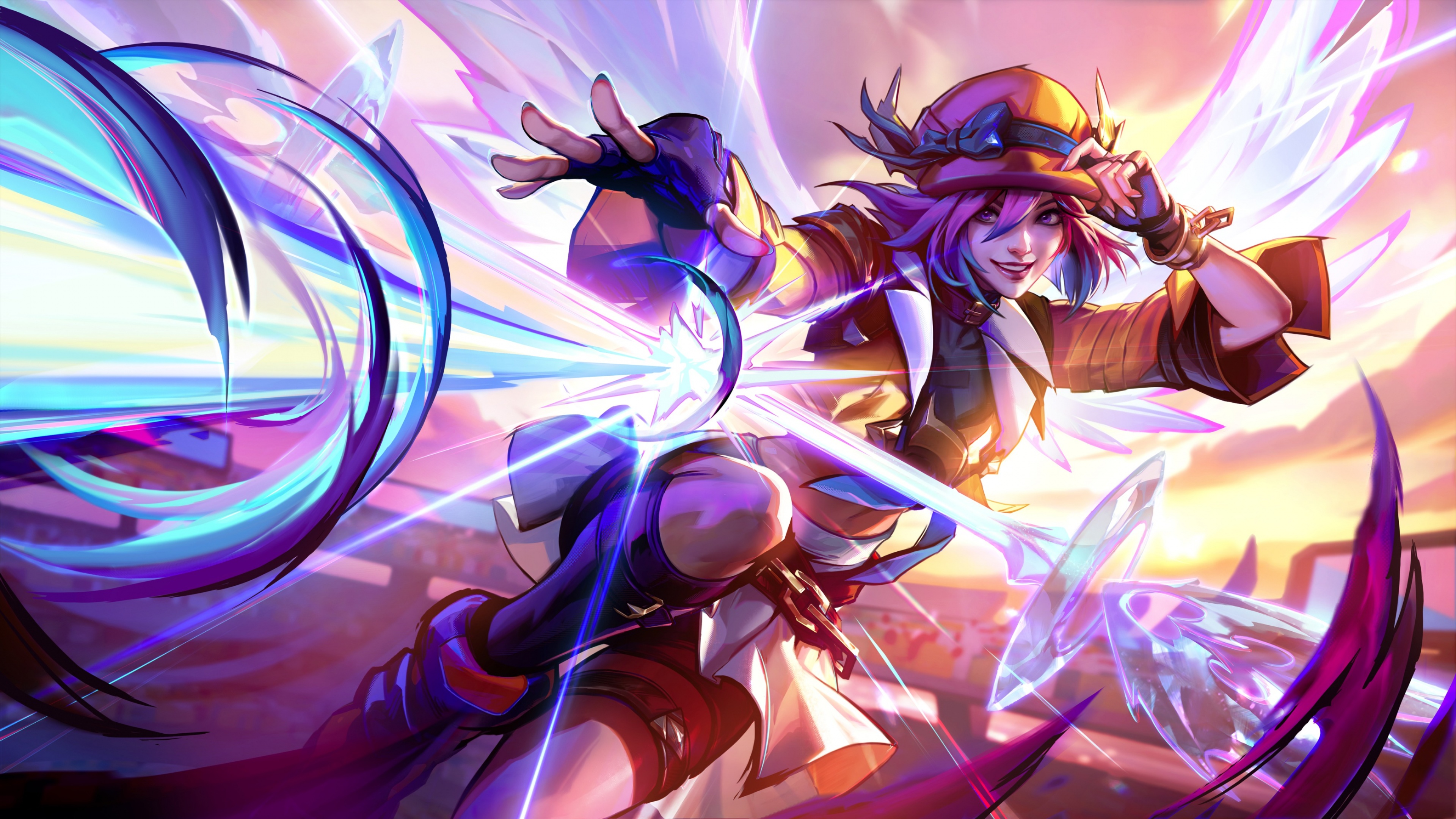 A cinematic view of a warrior battling through swirling blue and purple magical energy in the League of Legends Tournament of Souls.