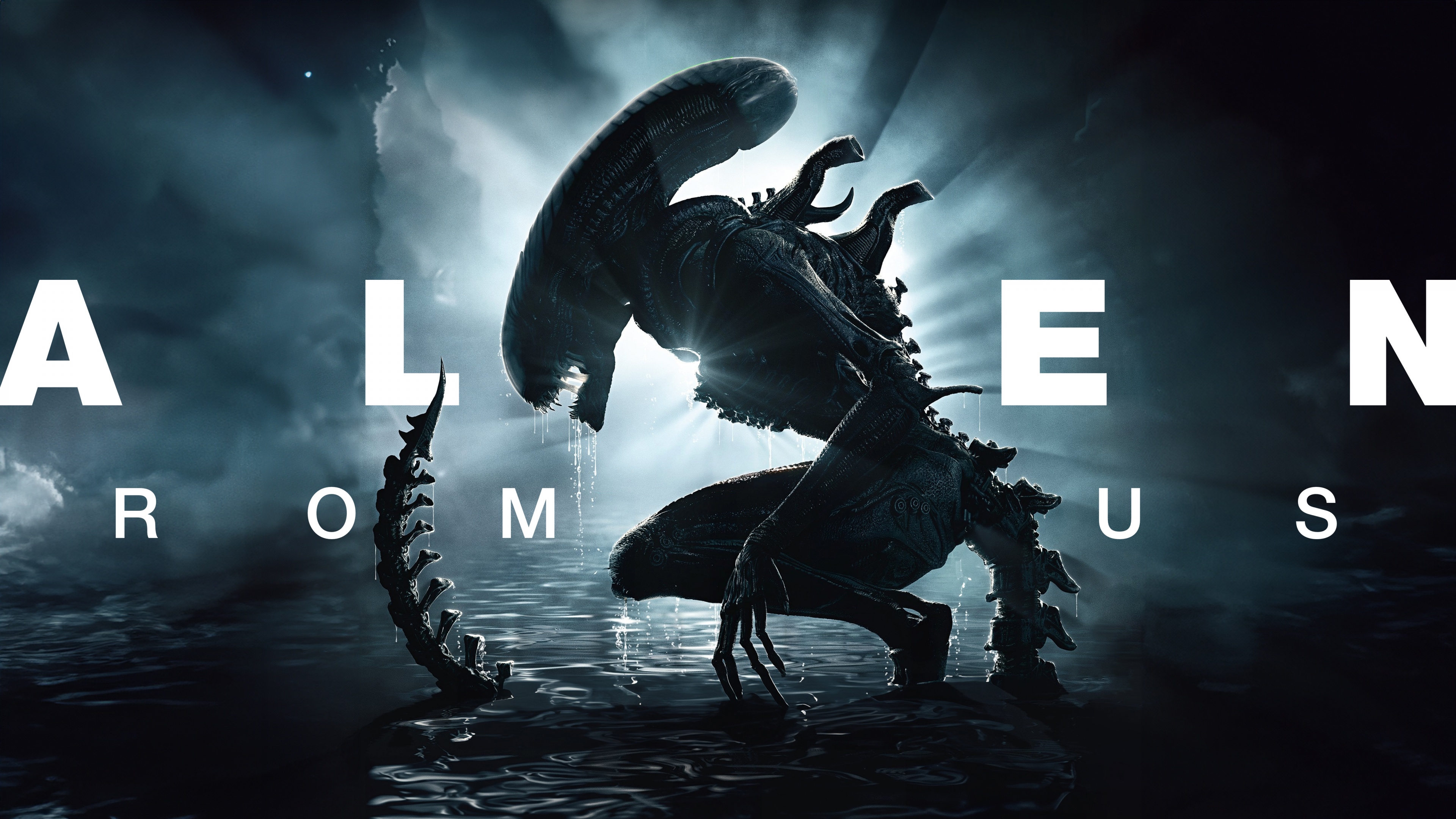 A highly detailed, cinematic close-up of the Xenomorph creature from the movie Alien: Romulus.