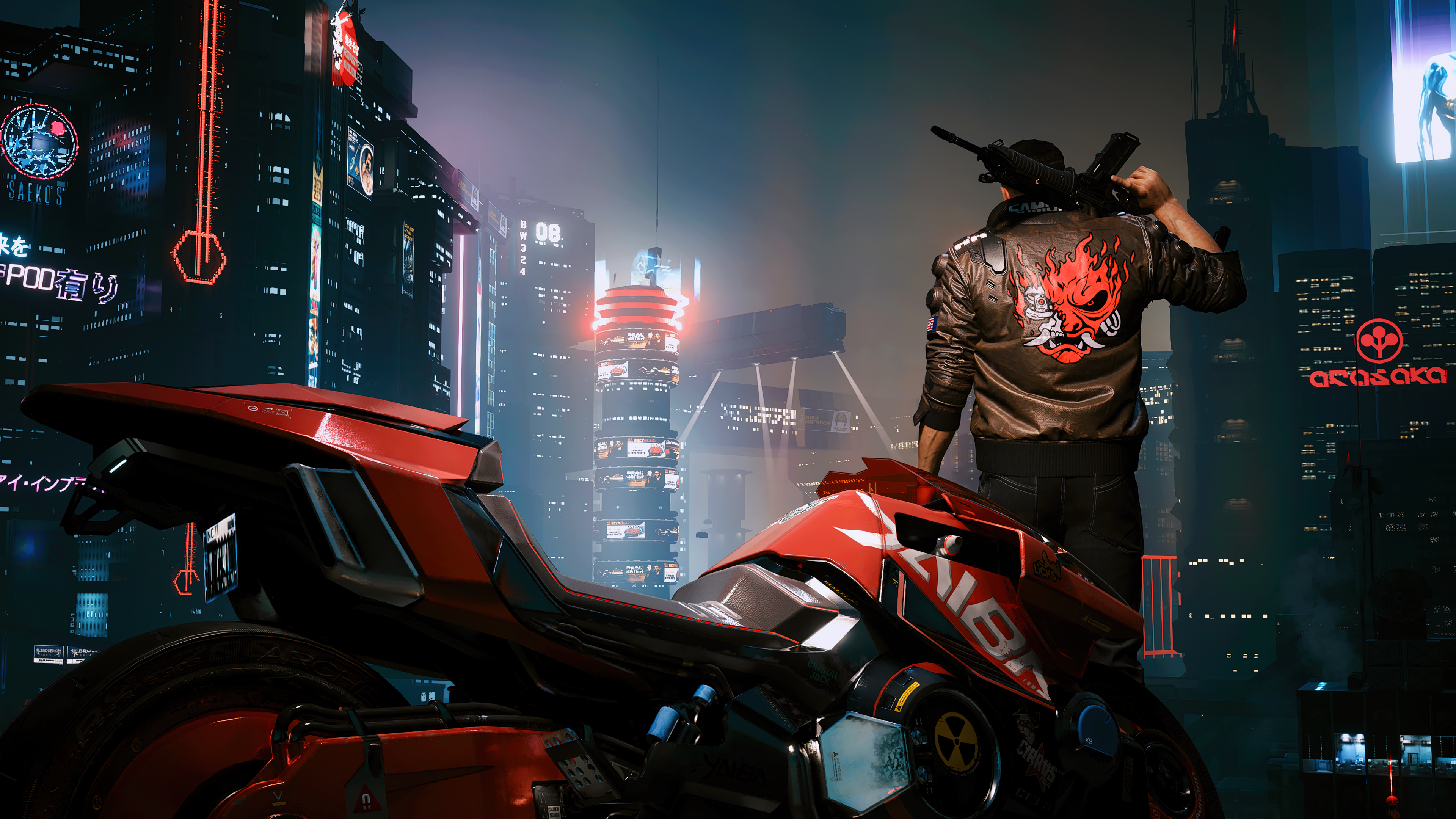 A futuristic samurai character, Yaiba Kusanagi CT-3X, wearing a tech-integrated jacket in a dark, dystopian cyberpunk setting.