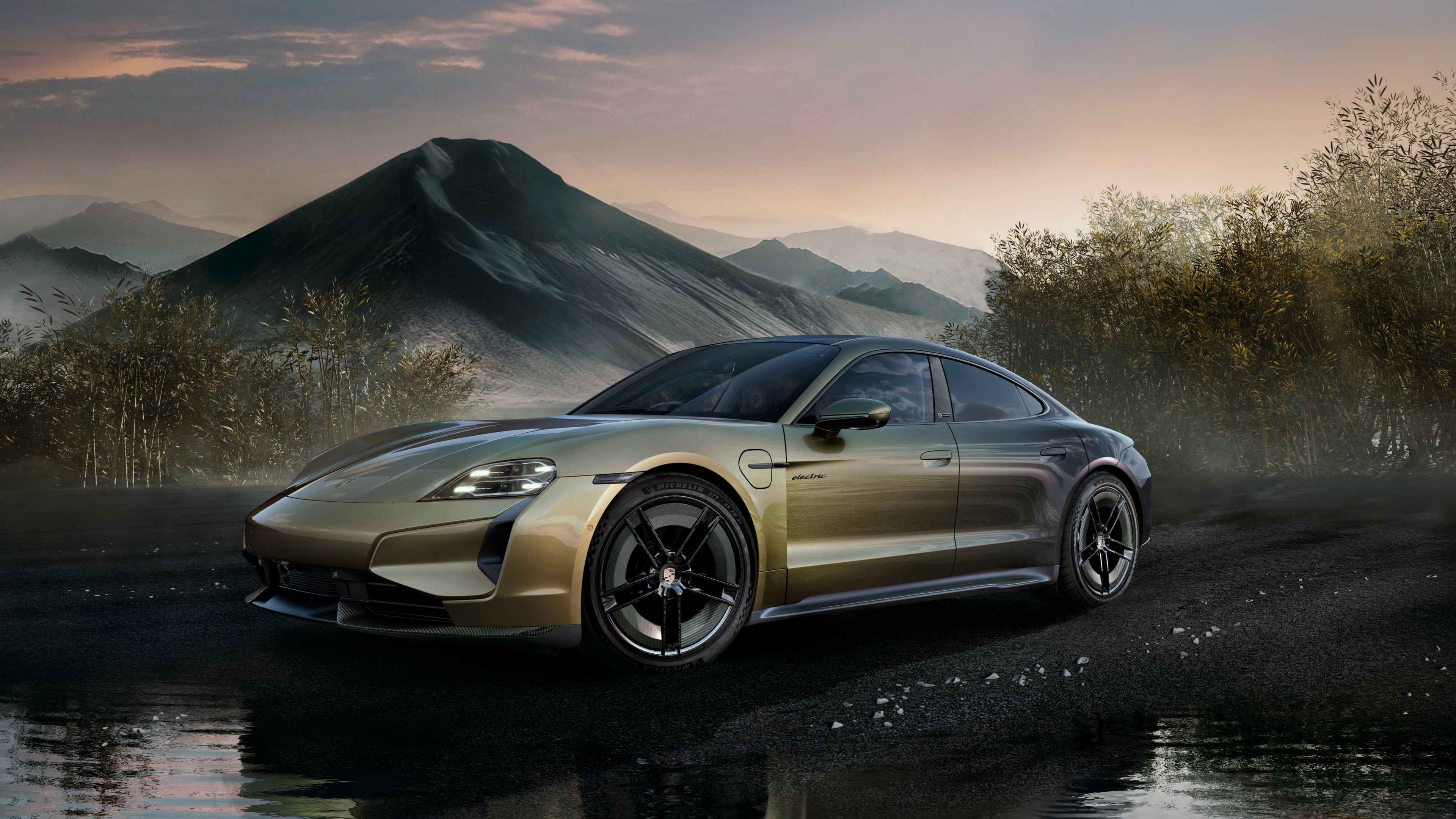 A high-resolution, detailed view of a 2024 Porsche Taycan Turbo S electric sports car.