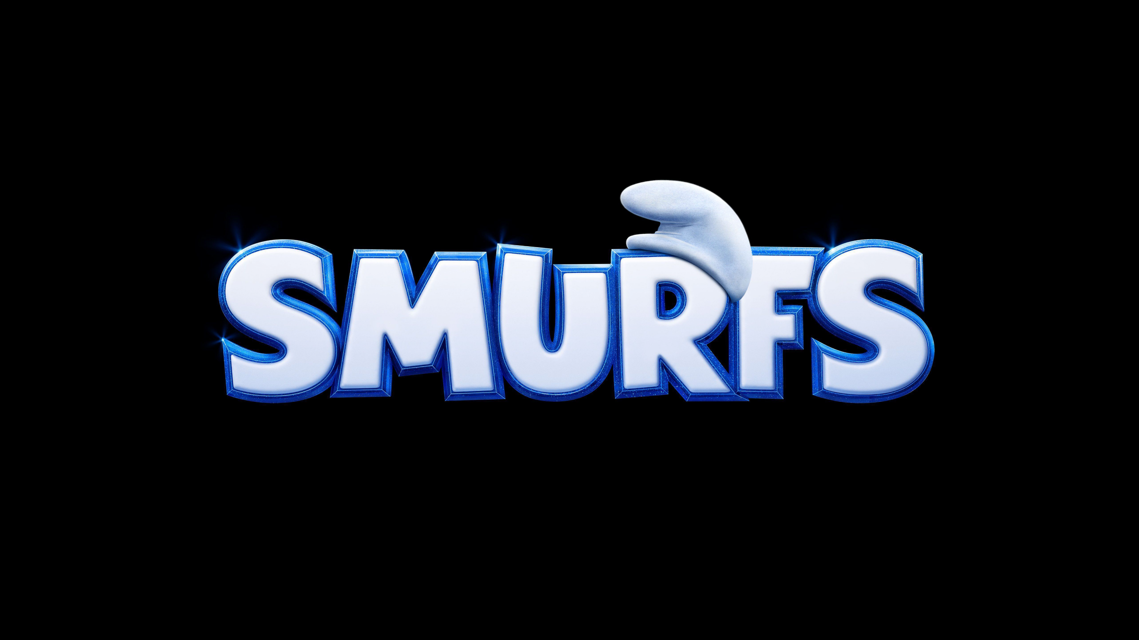 Cinematic logo for the 2025 Smurfs animation movie featuring Smurf characters on a black background.
