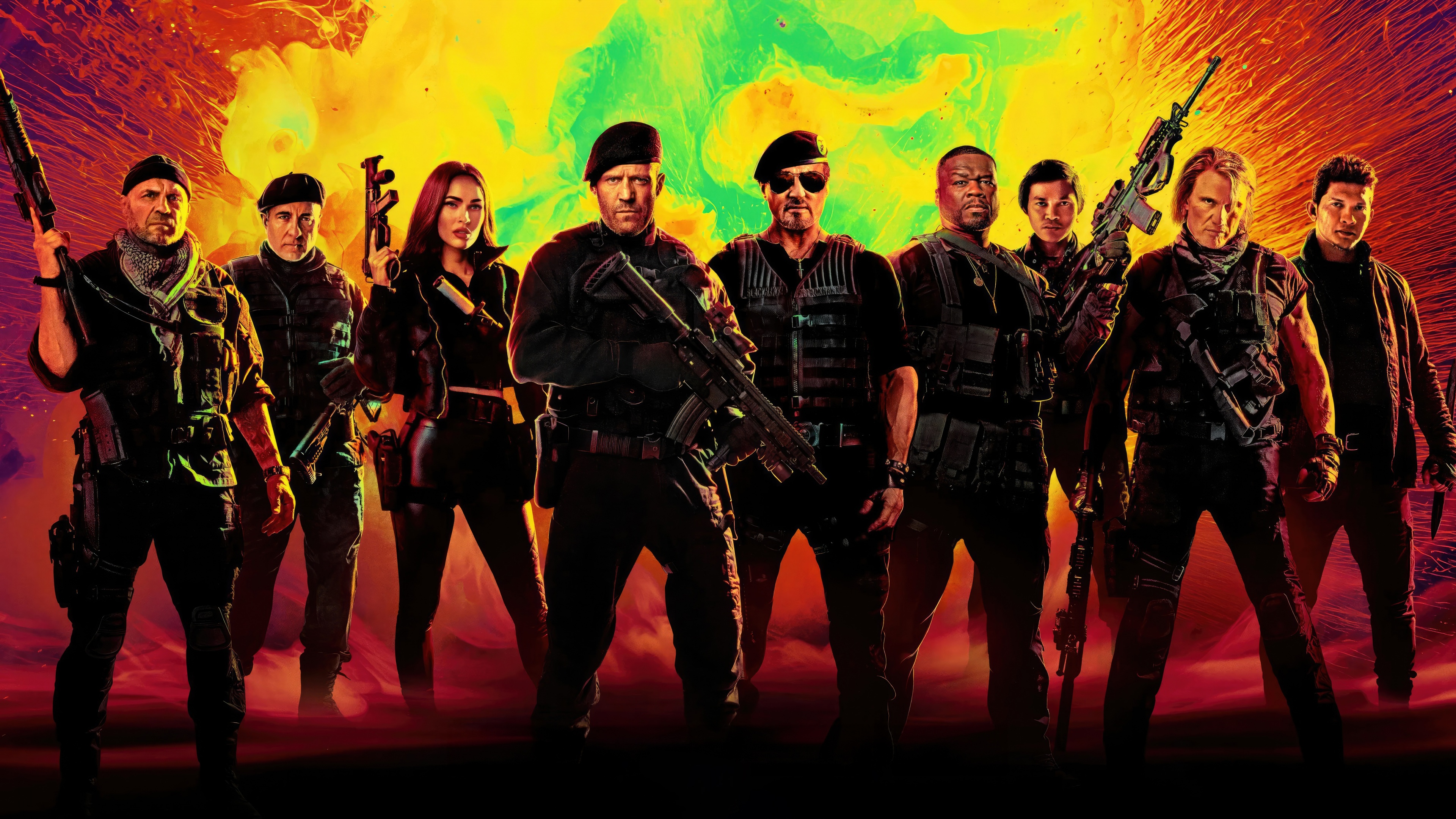 A dramatic and explosive action sequence featuring characters from the 2023 movie Expend4bles.