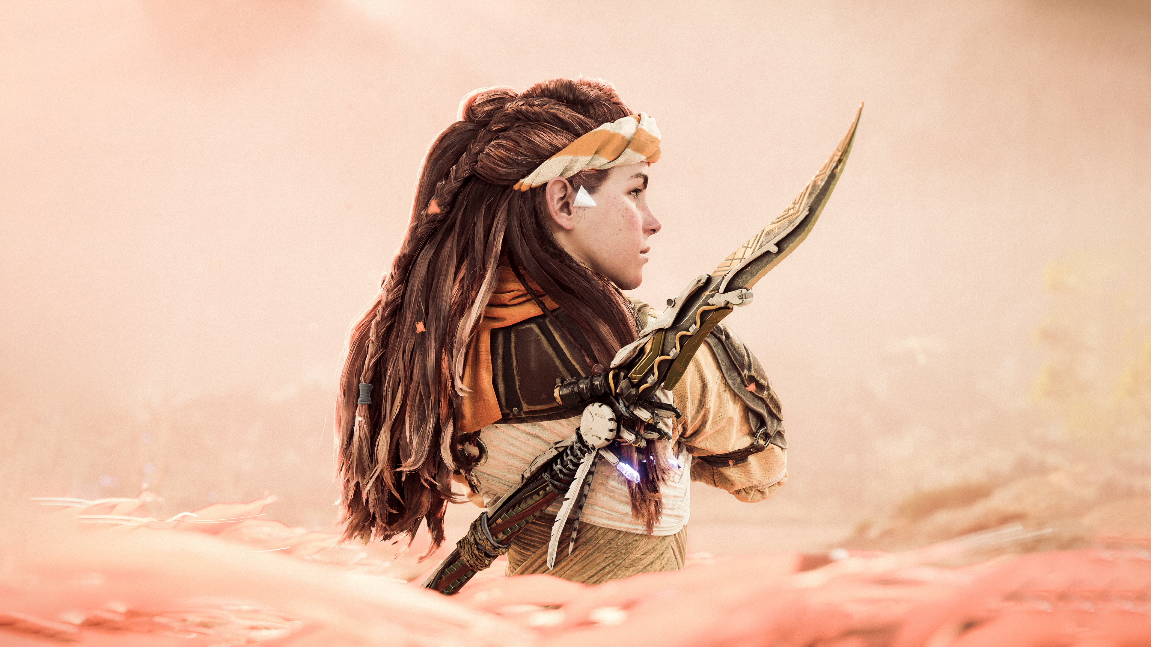 A high-definition, detailed portrait of Aloy from the video game Horizon Zero Dawn.