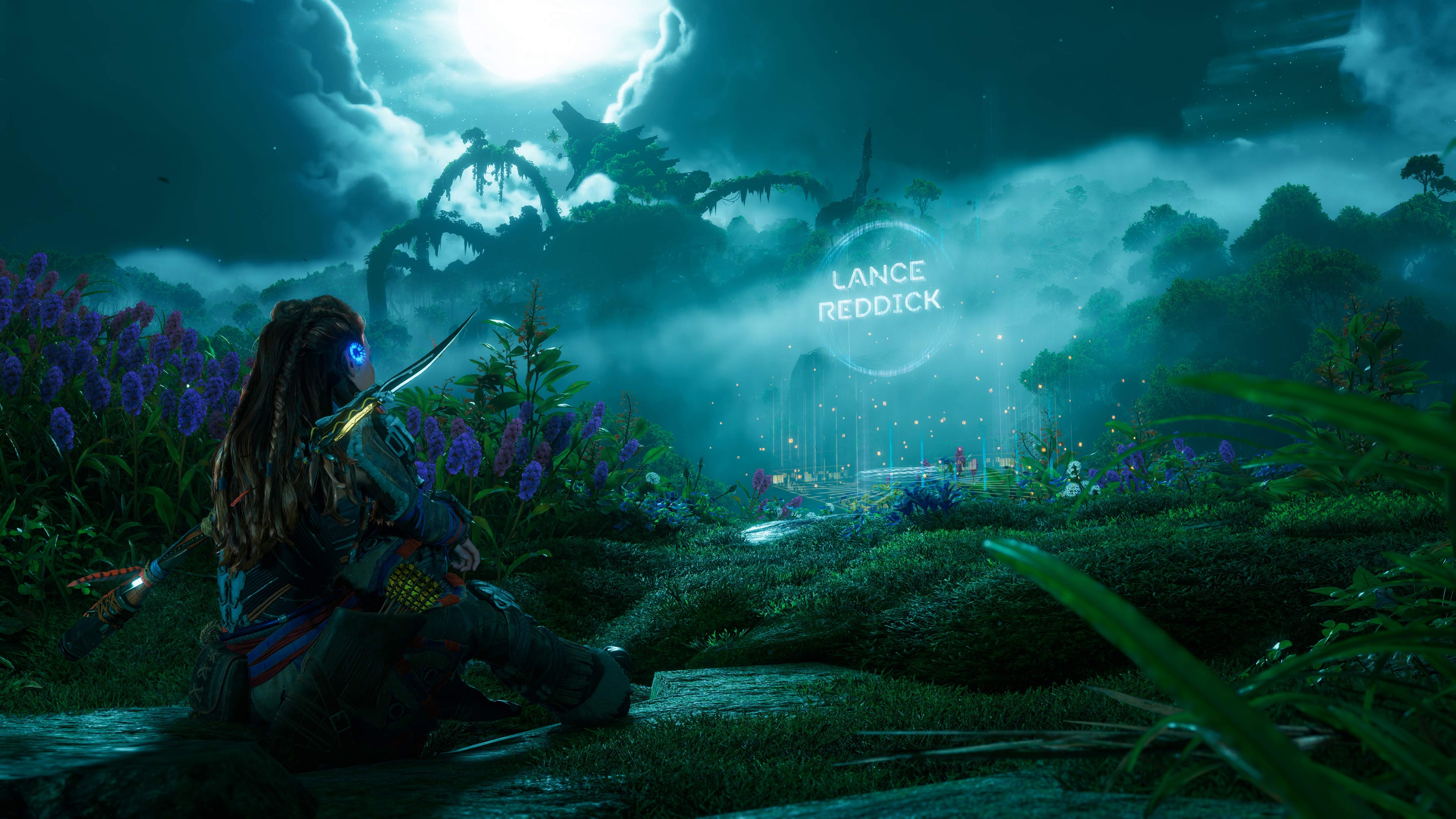 A cinematic portrait of Aloy from the Horizon Zero Dawn game series wearing tribal hunter gear.