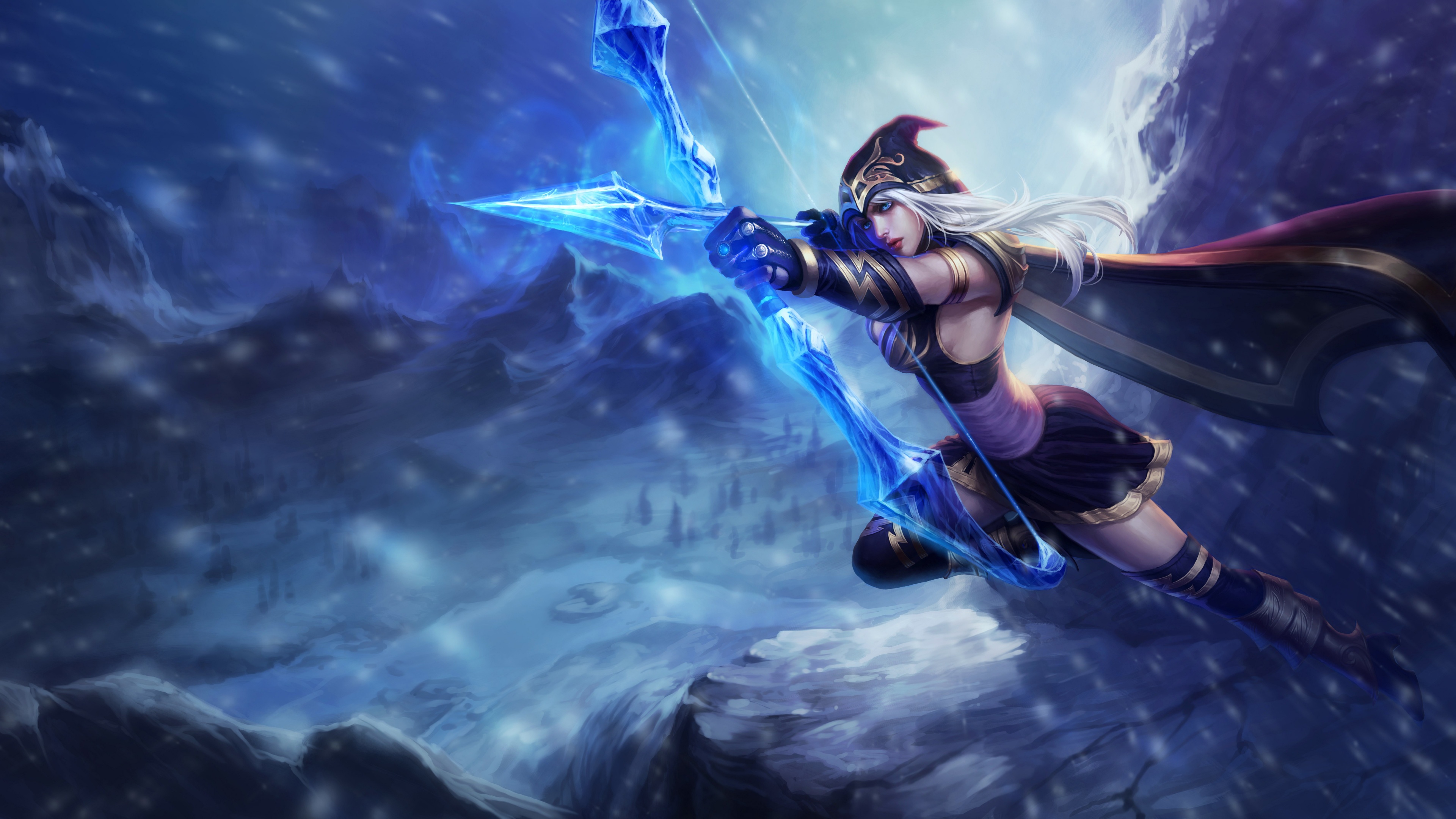 High-resolution cinematic portrait of Ashe from League of Legends featuring her frost-infused bow and winter aesthetic.
