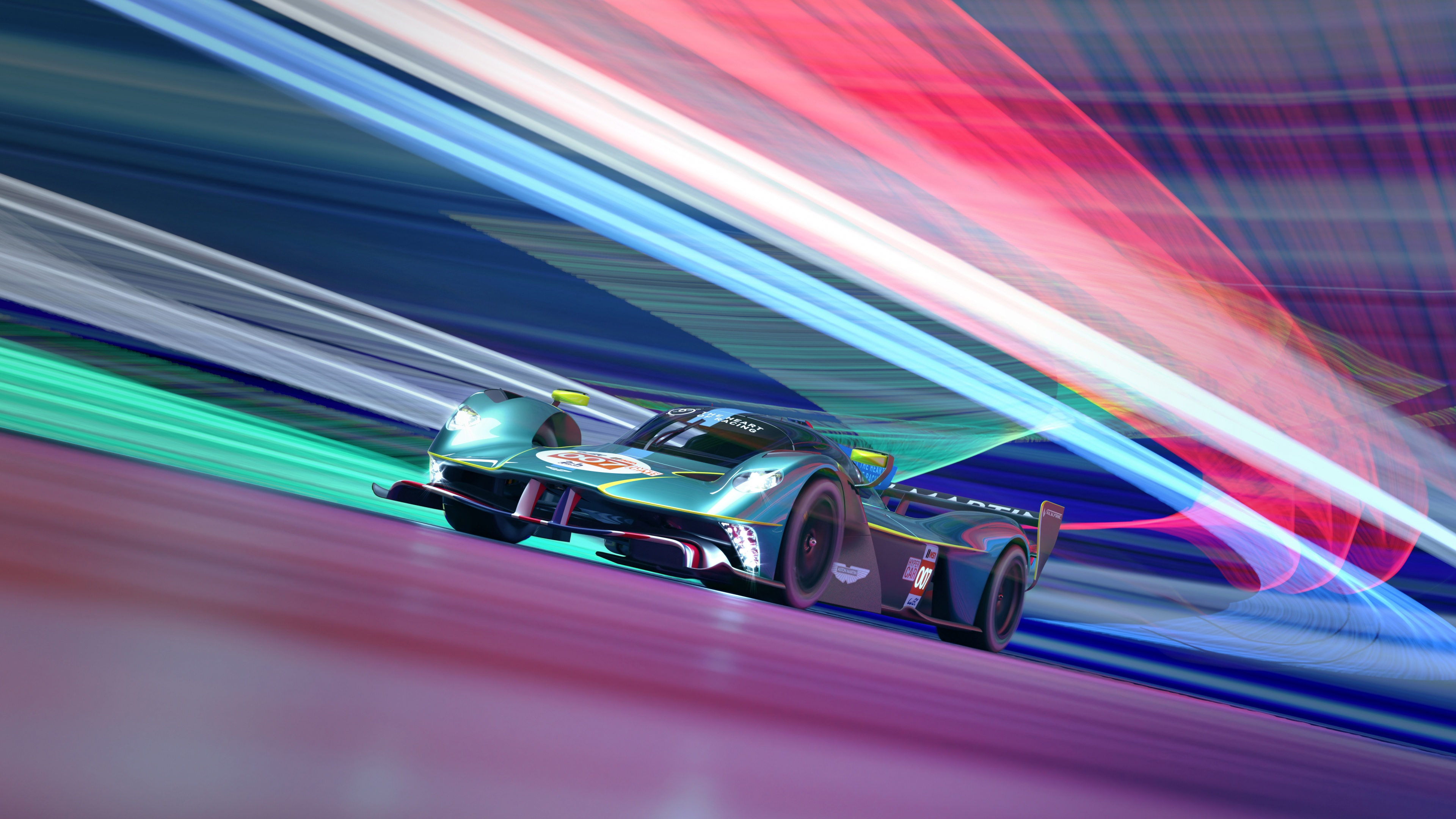 A colorful and highly aerodynamic Aston Martin Valkyrie Le Mans Hypercar concept car.