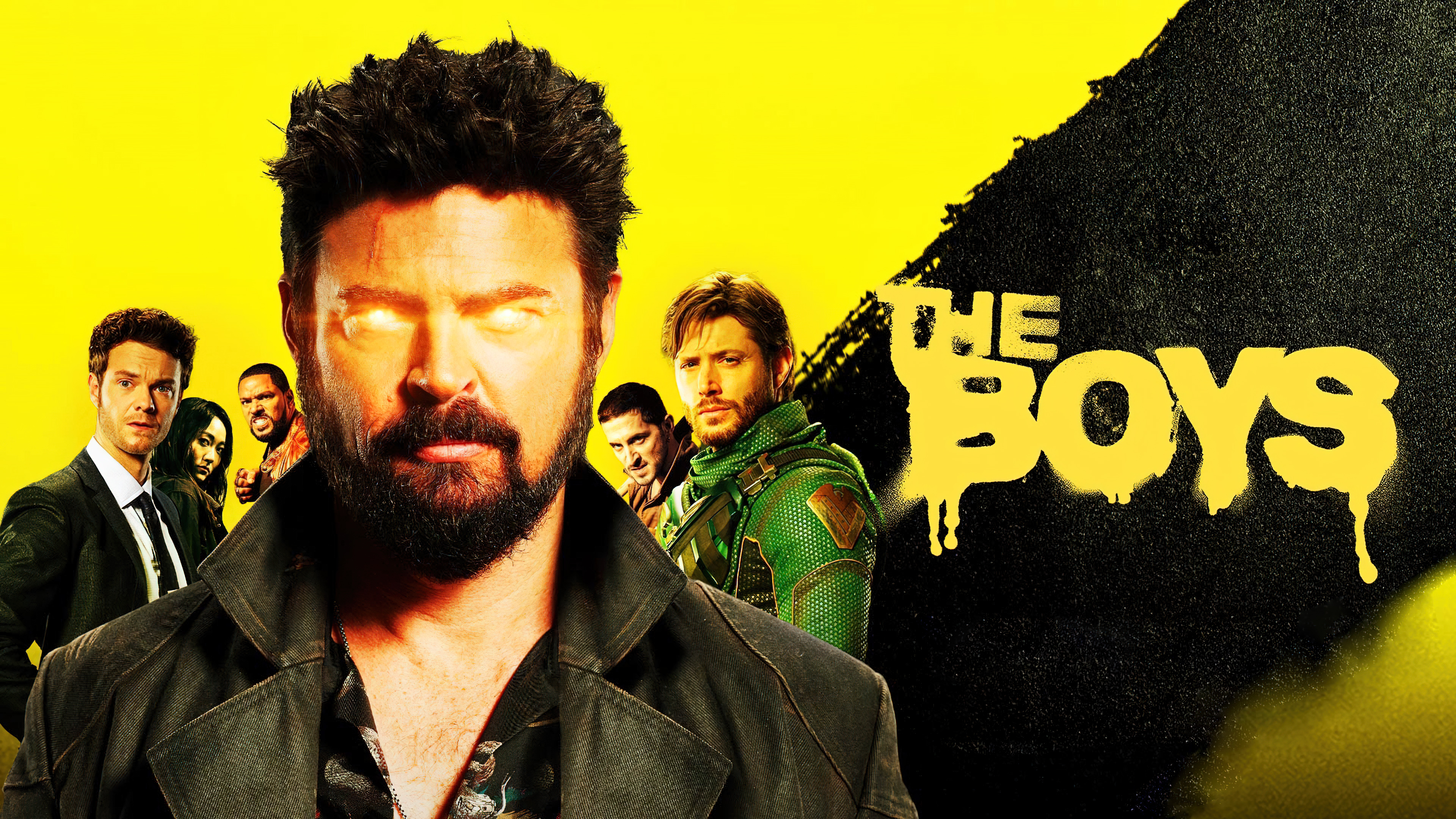 Billy Butcher (Karl Urban) from the TV series The Boys against a solid yellow background