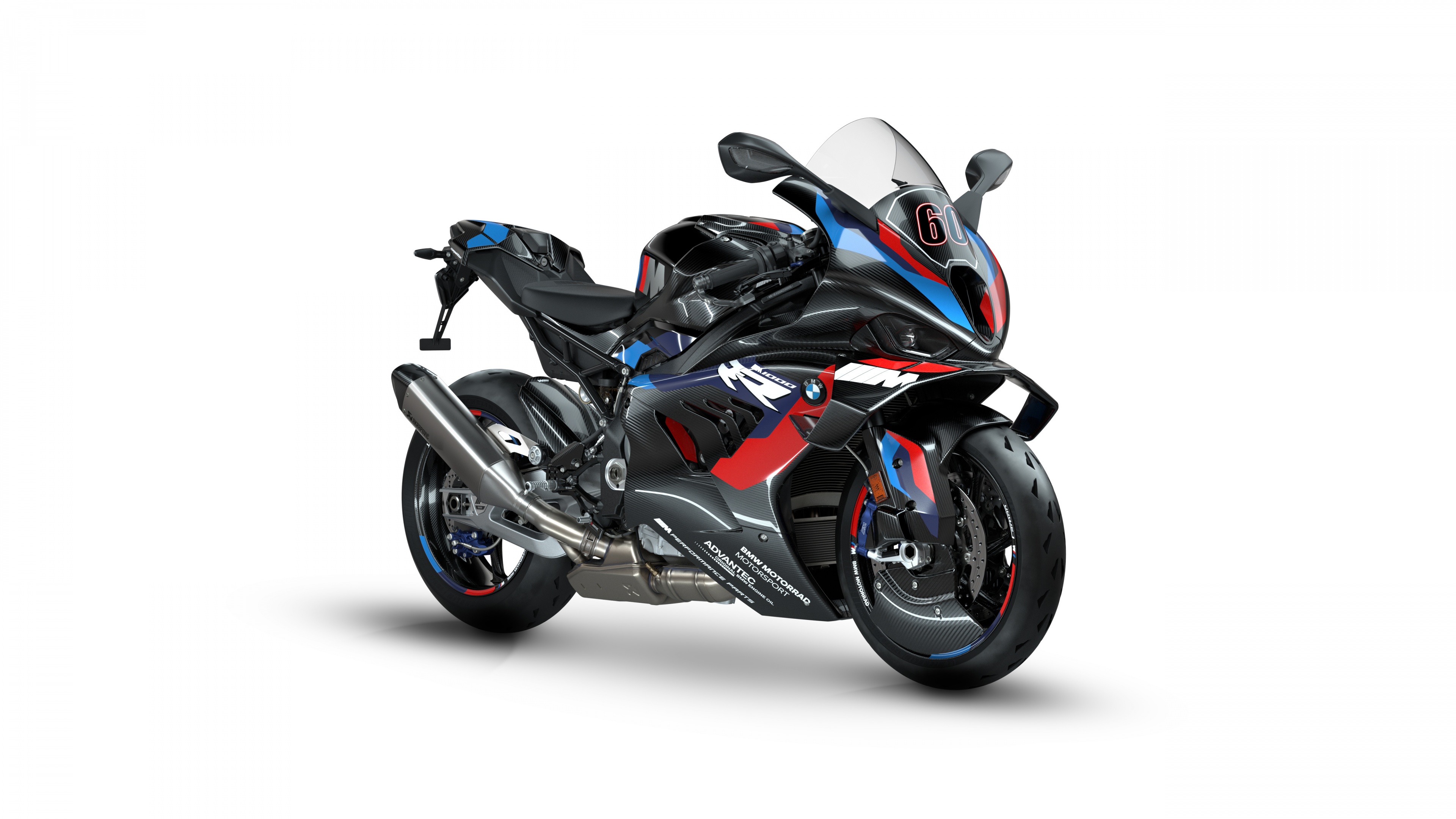A high-performance BMW M 1000 RR sports motorcycle isolated on a white background.