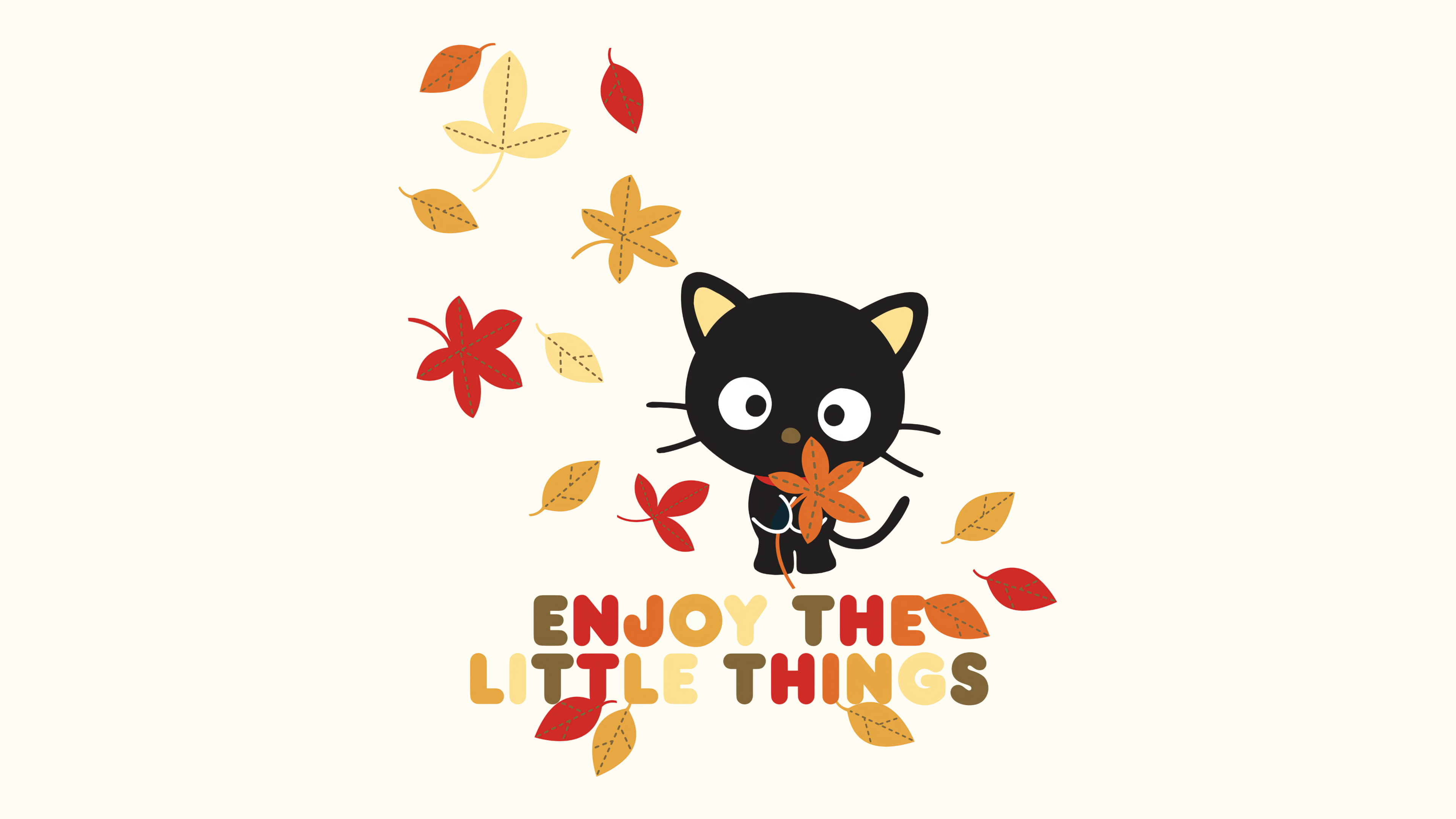 Chococat from Sanrio sitting among colorful autumn leaves with an inspirational quote in a cute cartoon style.