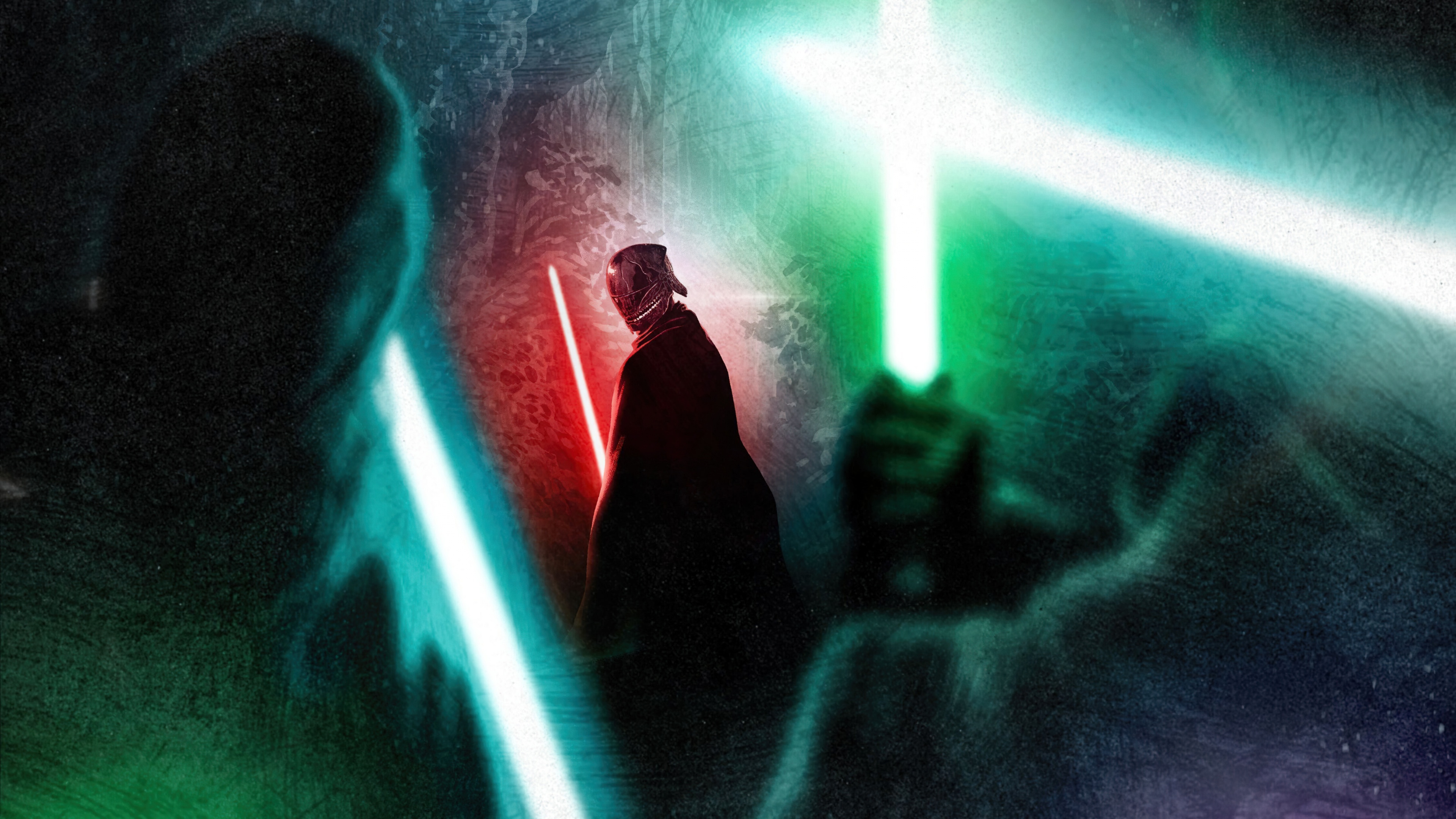 A dramatic shot of a luminous lightsaber blade illuminating the darkness, inspired by Star Wars: The Acolyte.