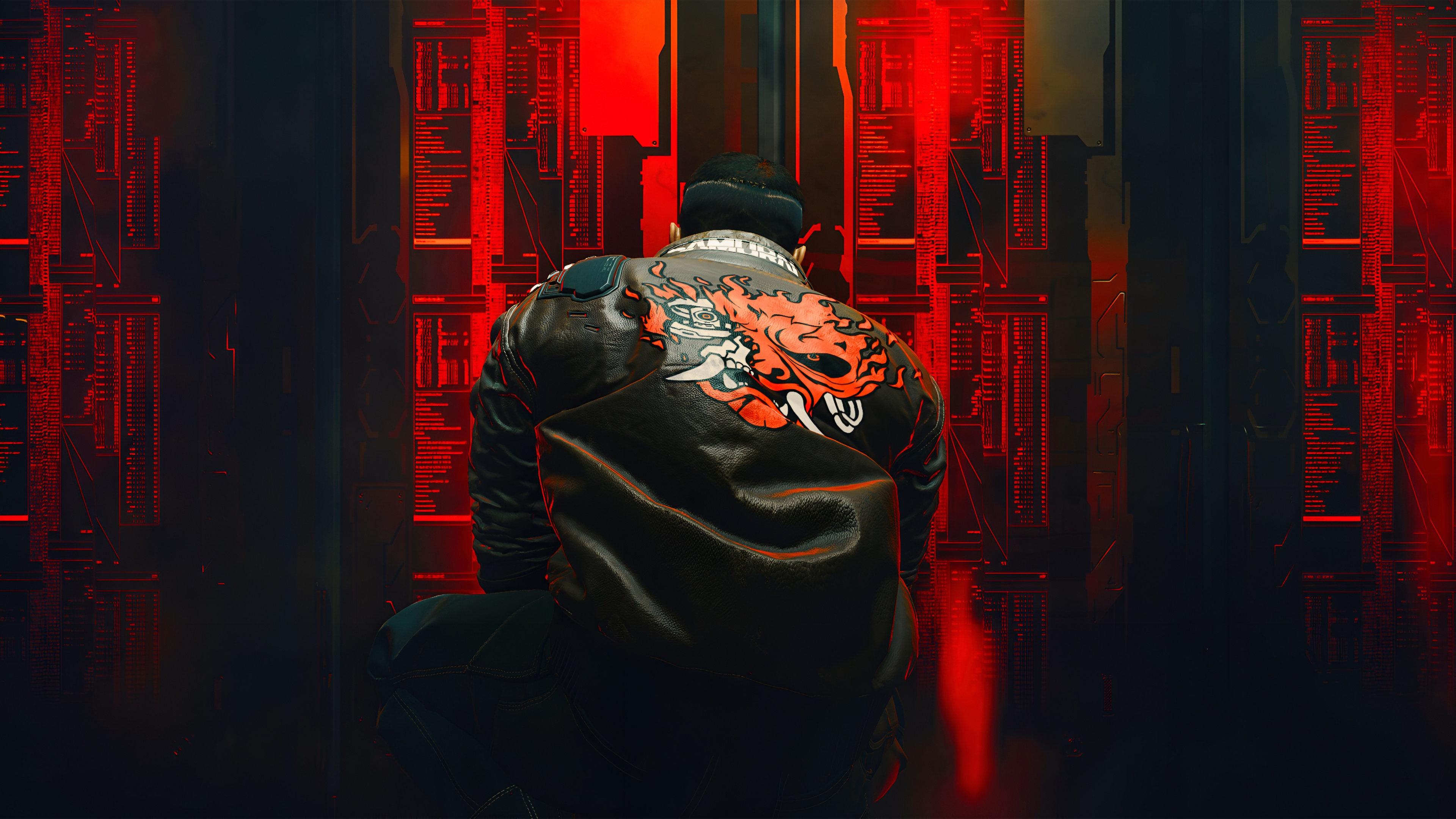 A futuristic cybernetic samurai wearing a tech-enhanced jacket in a neon cyberpunk setting.