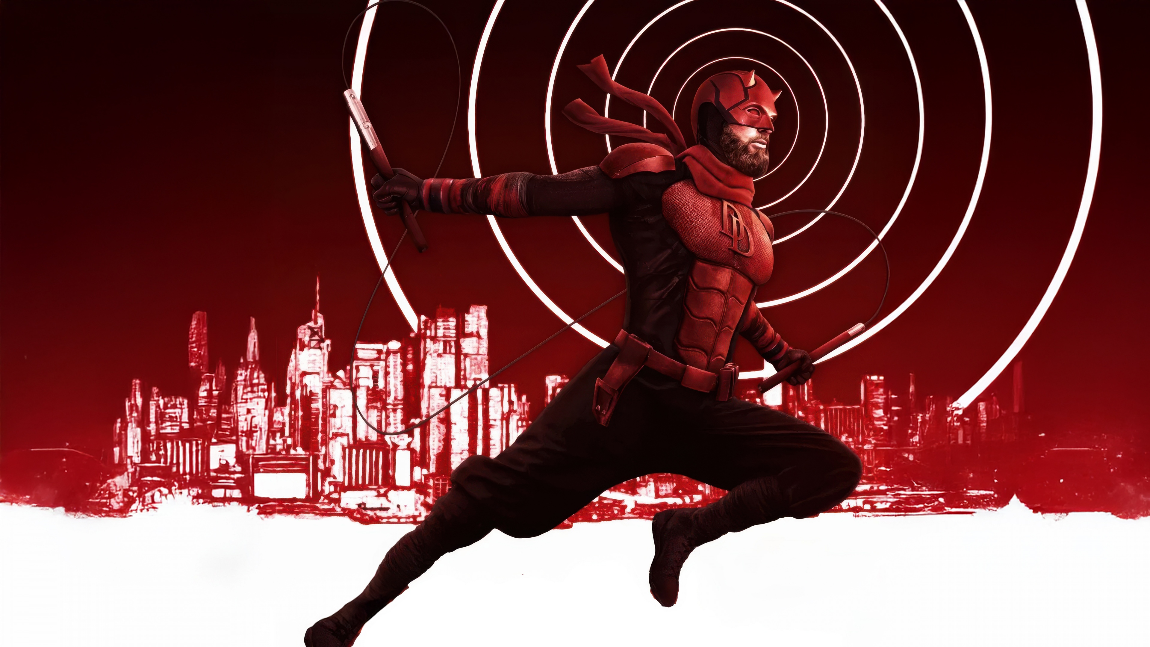 A cinematic close-up of Daredevil in a red-themed aesthetic, inspired by the Marvel Comics series Daredevil: Born Again.