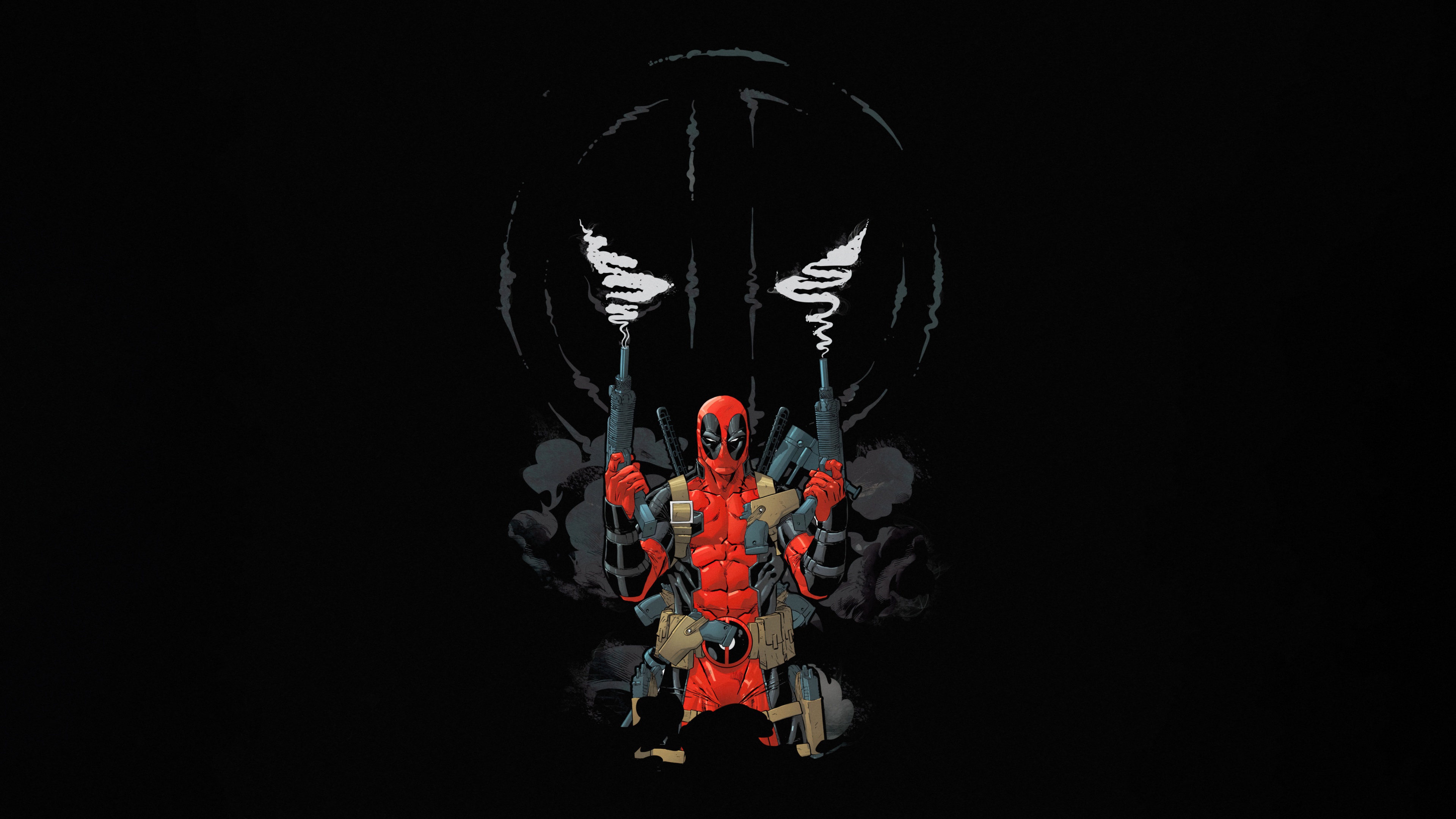 A high-resolution, cinematic portrait of Deadpool from Marvel against a solid black background.