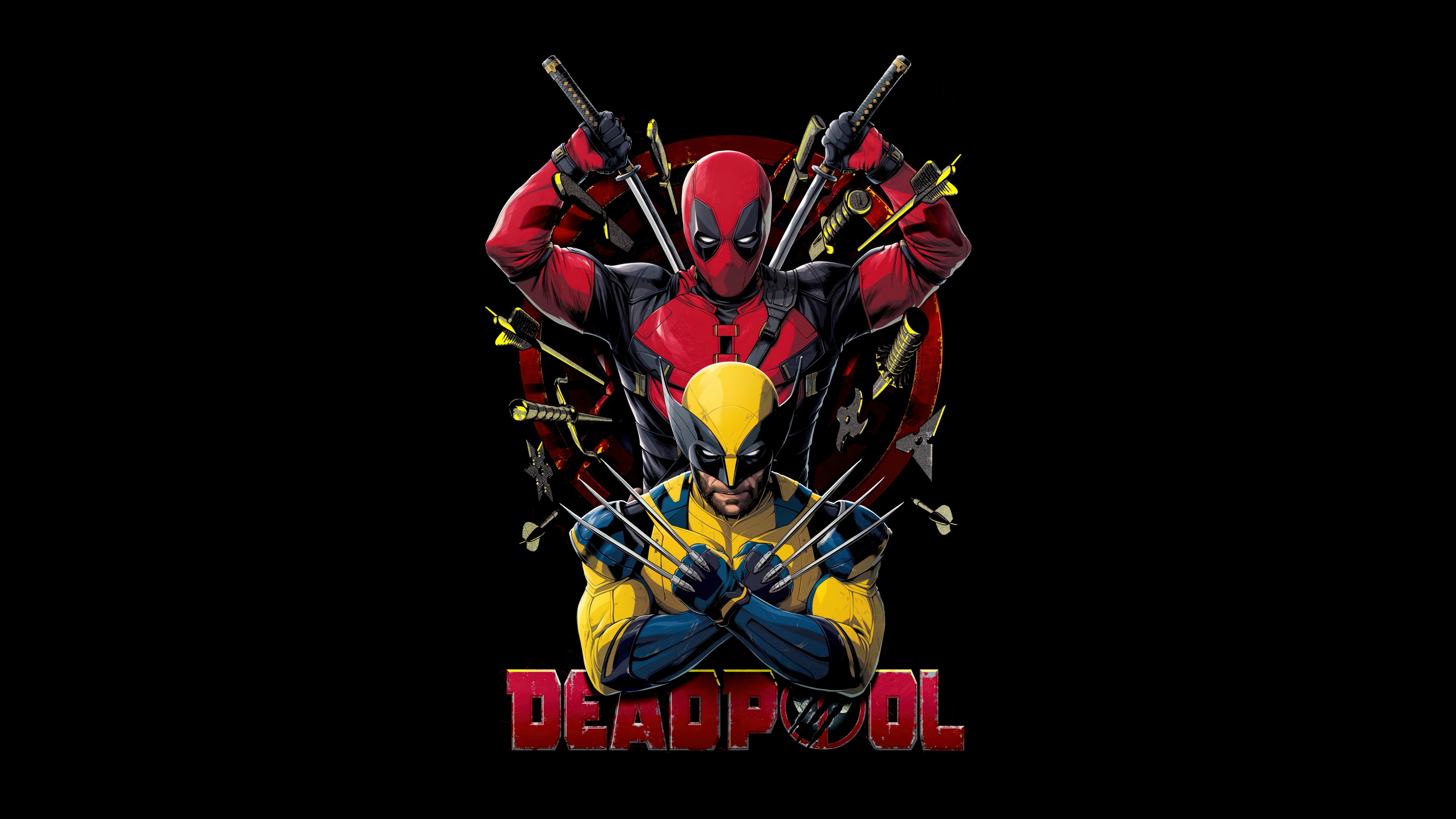 High-resolution movie poster of Deadpool and Wolverine from the Marvel Cinematic Universe on a black background.