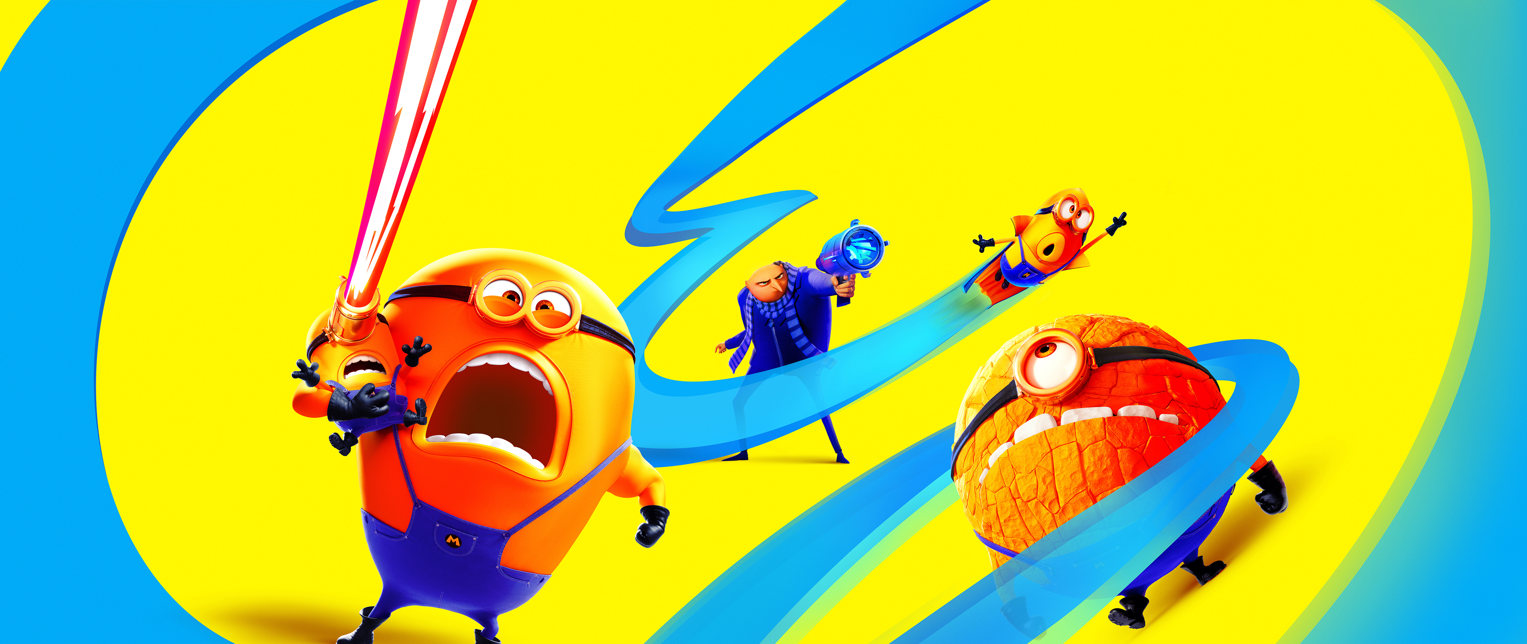 An ultrawide cinematic movie poster for Despicable Me 4 featuring Gru and various Minions.
