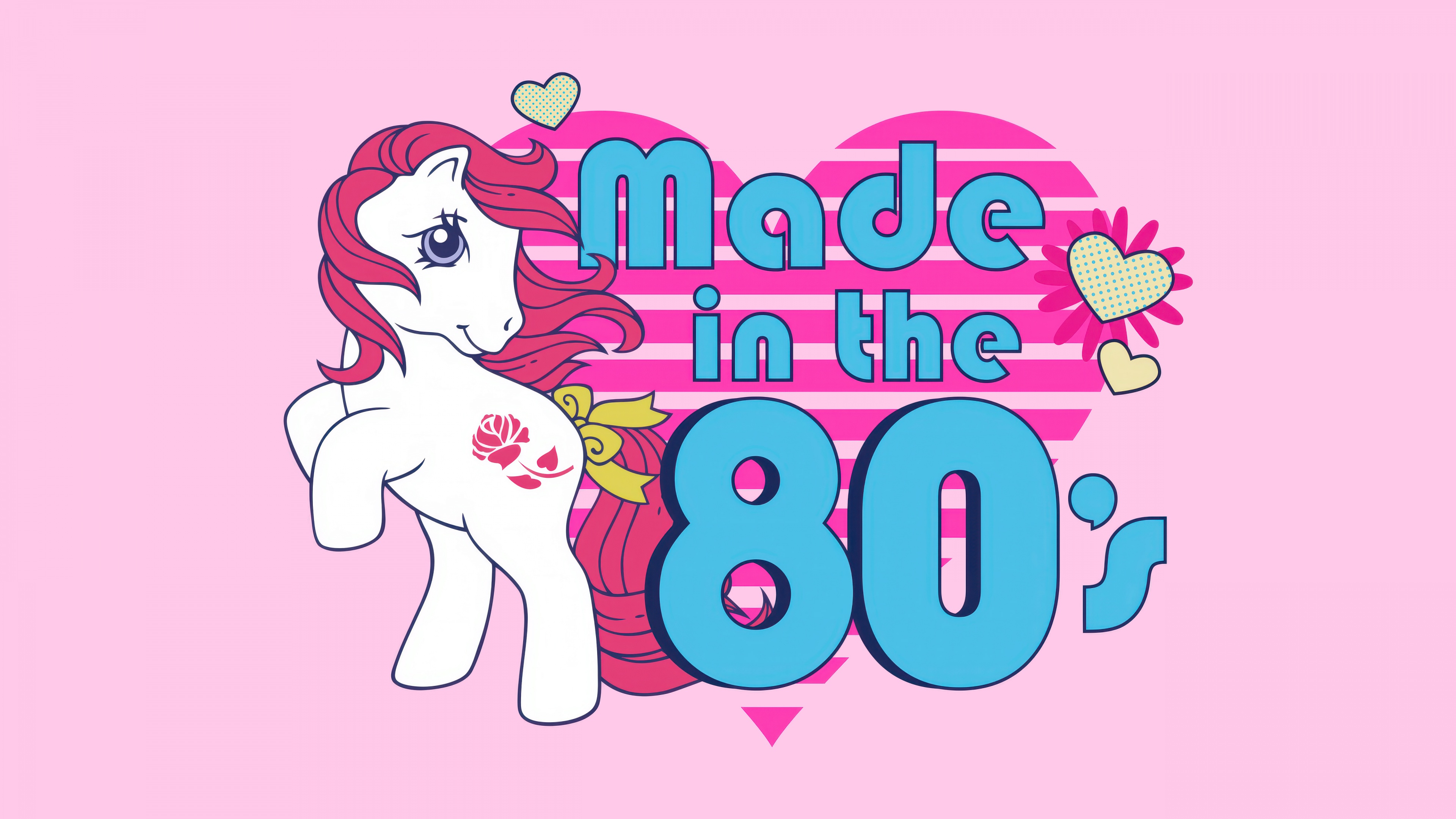 A majestic unicorn set against a soft pastel pink background with retro-wave hearts and aesthetic elements.