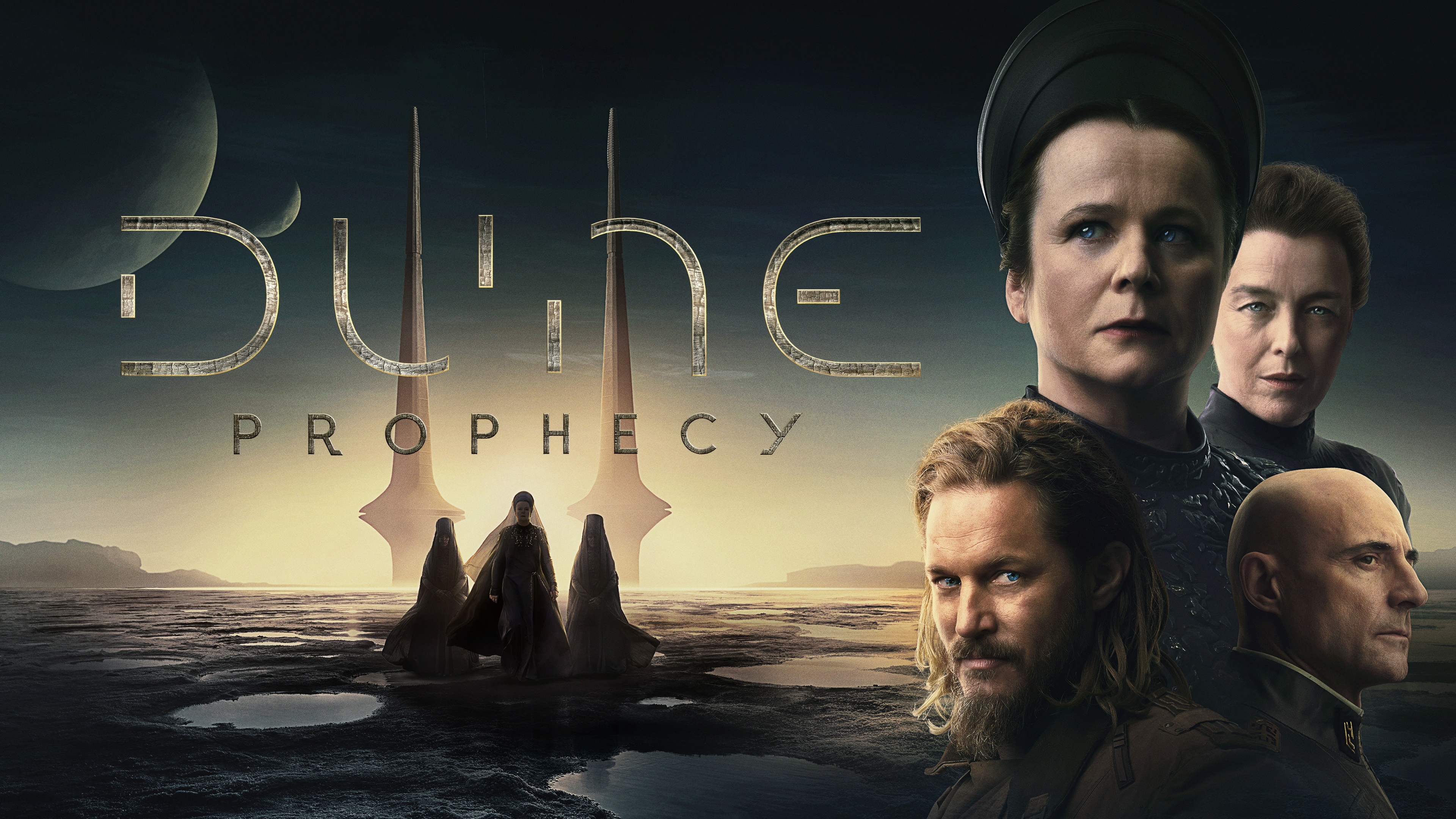 A cinematic portrait of Emily Watson and Mark Strong as characters in the HBO series Dune: Prophecy.
