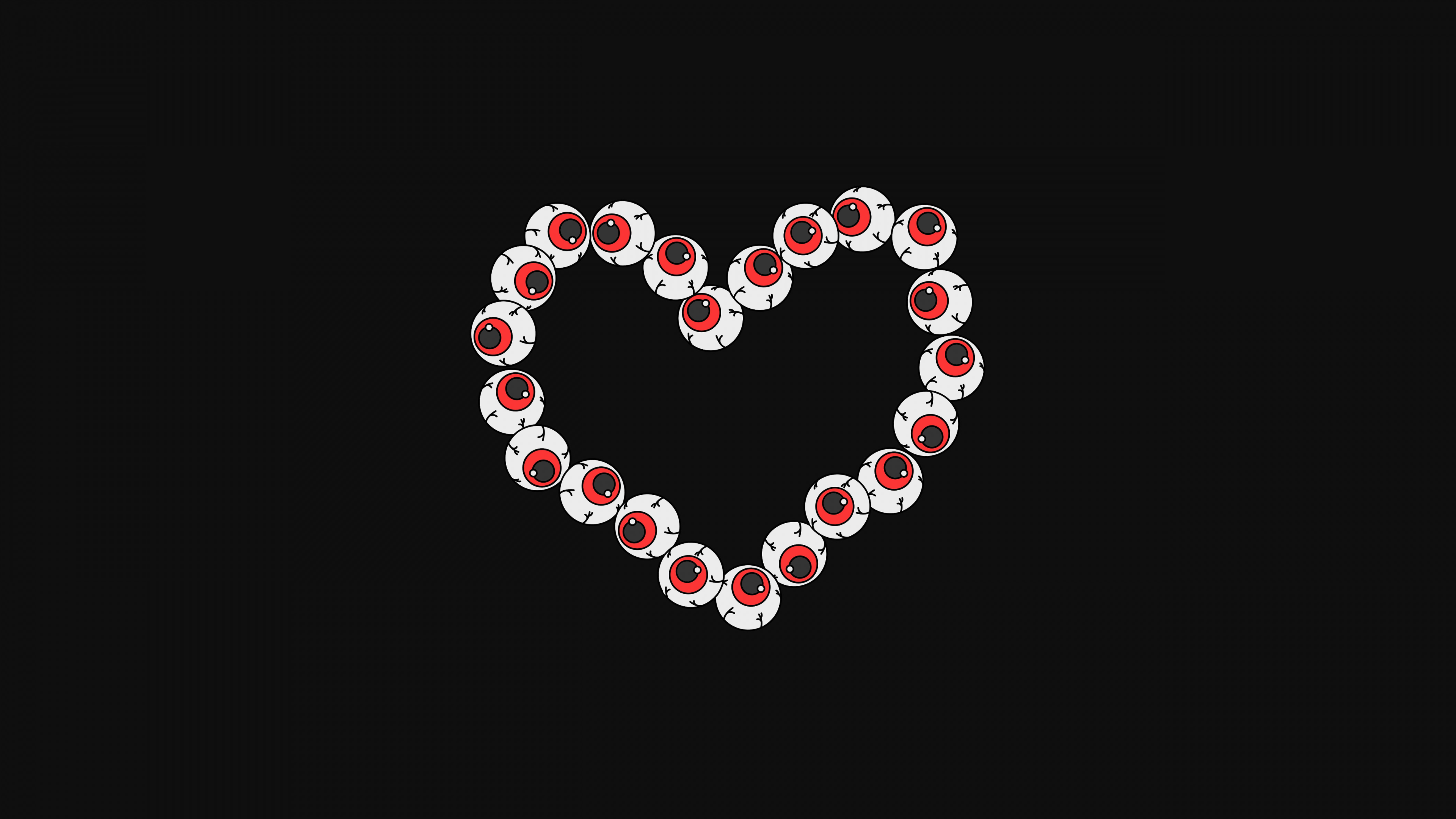 A surrealist heart shape covered in multiple realistic eyes, set against a solid dark background in a weirdcore aesthetic.