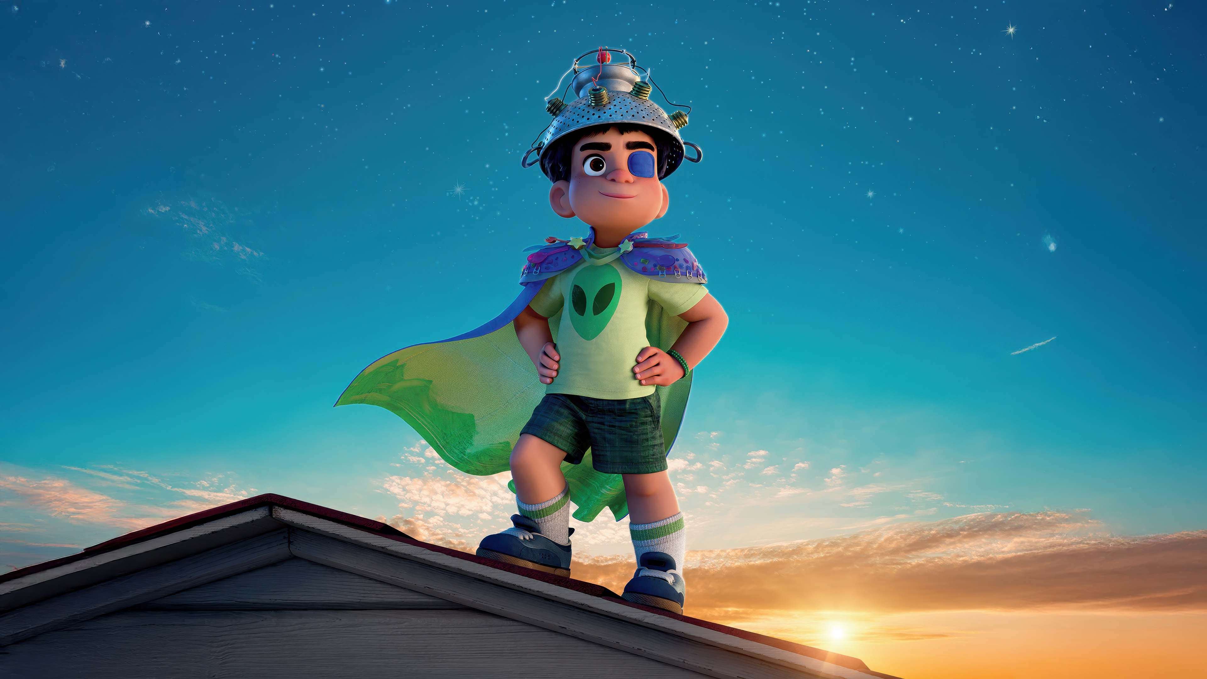 A cinematic movie poster for Pixar's Elio, featuring the character Elio in a colorful, cosmic space environment.