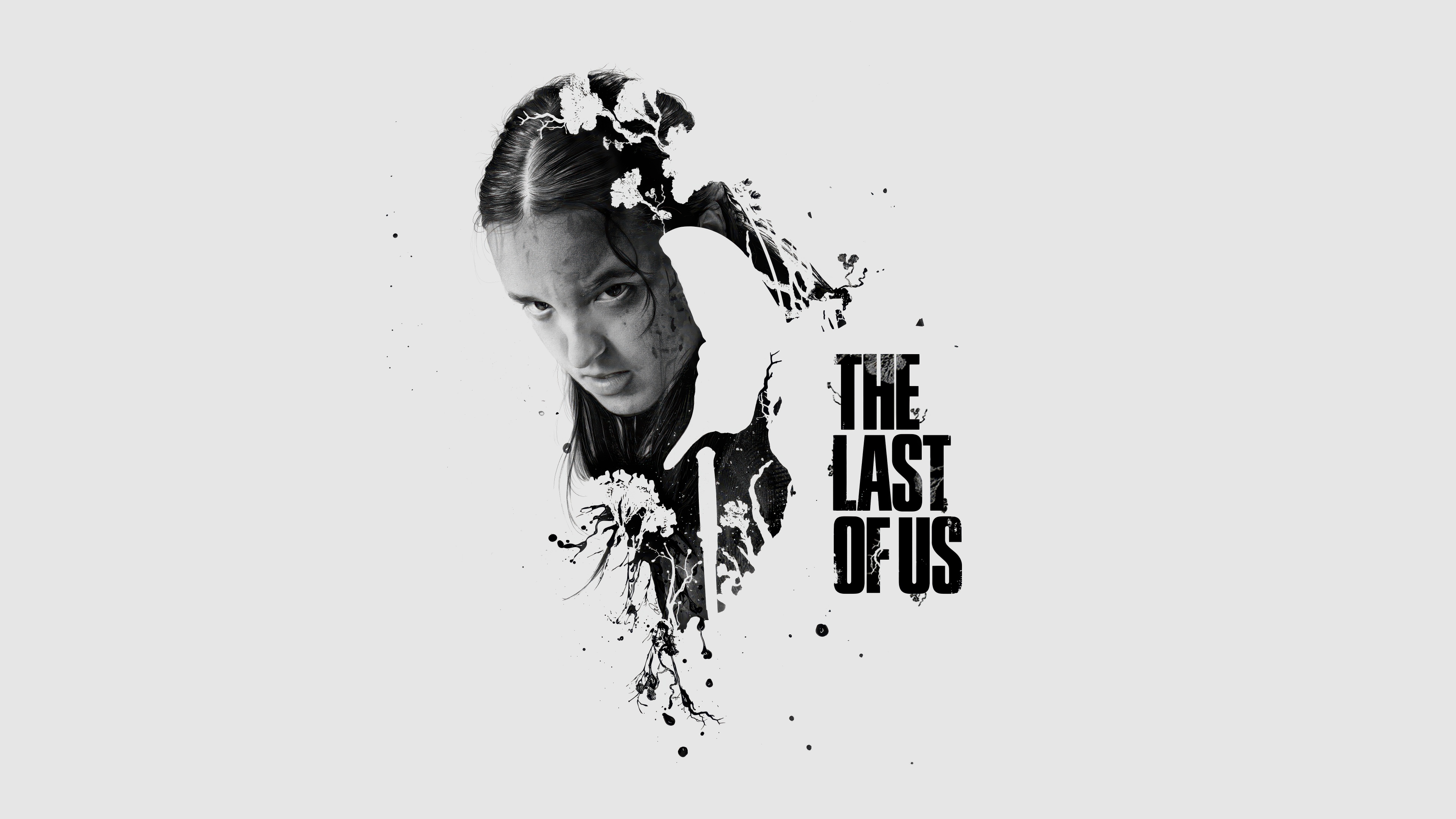 A monochrome, high-contrast portrait of Ellie Williams from The Last of Us, played by Bella Ramsey, set against a solid white background.