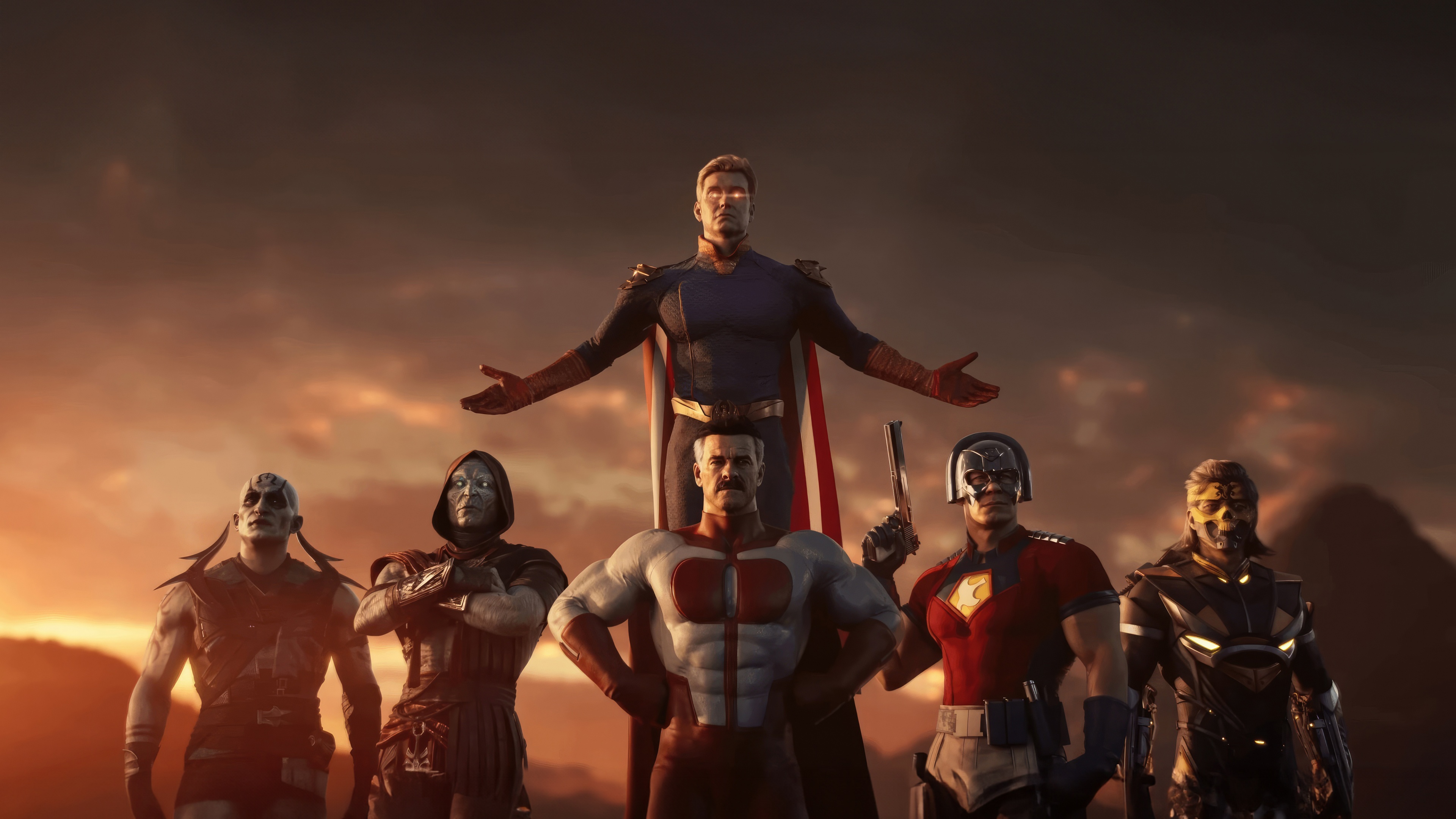 A high-detail cinematic composition featuring Omni-Man from Invincible, Homelander from The Boys, and Peacemaker from the DC Universe.